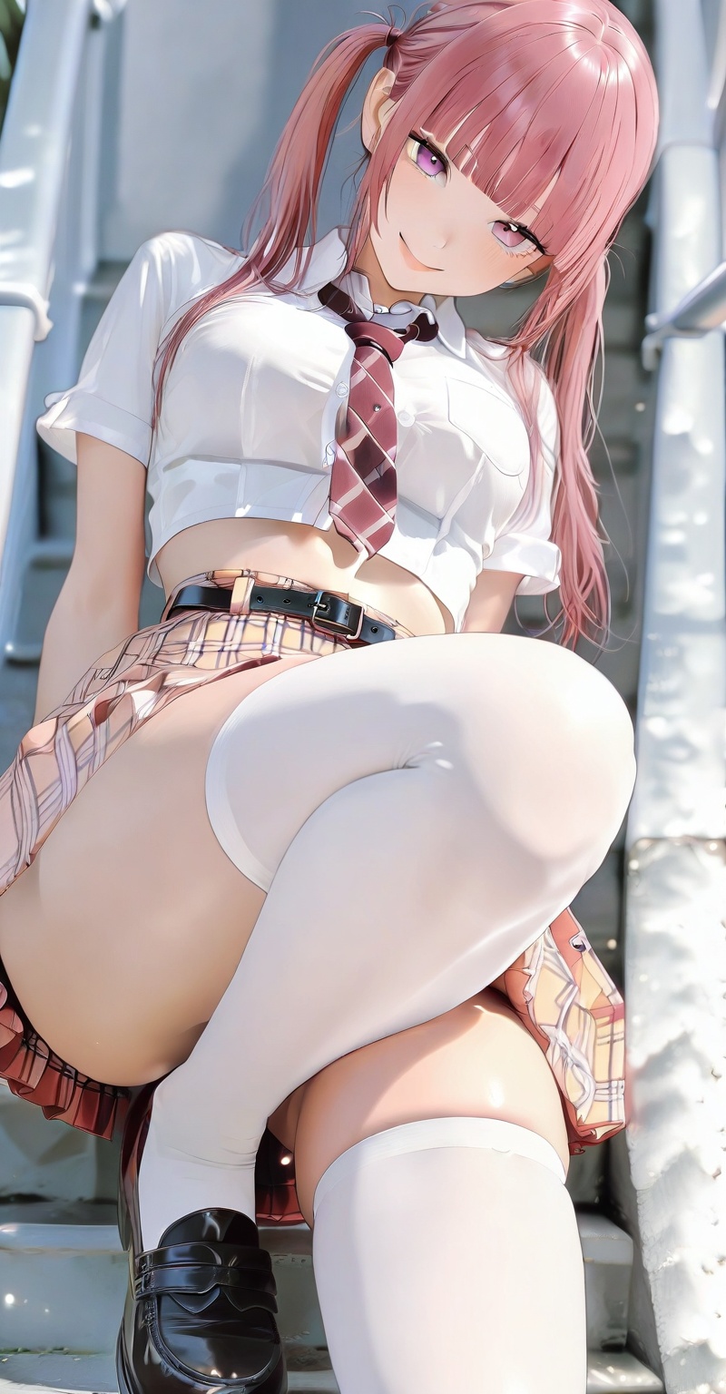 1girl solo long hair breasts looking at viewer smile bangs skirt shirt thighhighs twintails school uniform pink hair ass t...