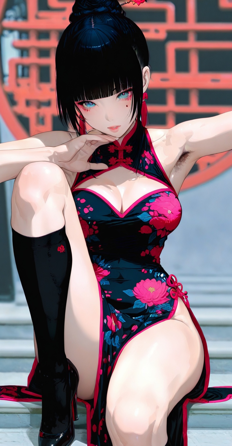 1girl solo breasts looking at viewer bangs blue eyes black hair dress cleavage bare shoulders medium breasts sitting sleev...
