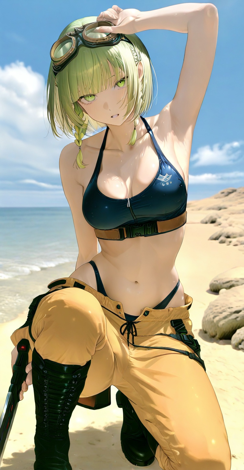 1girl solo breasts looking at viewer short hair bangs blonde hair navel holding medium breasts green eyes collarbone swims...