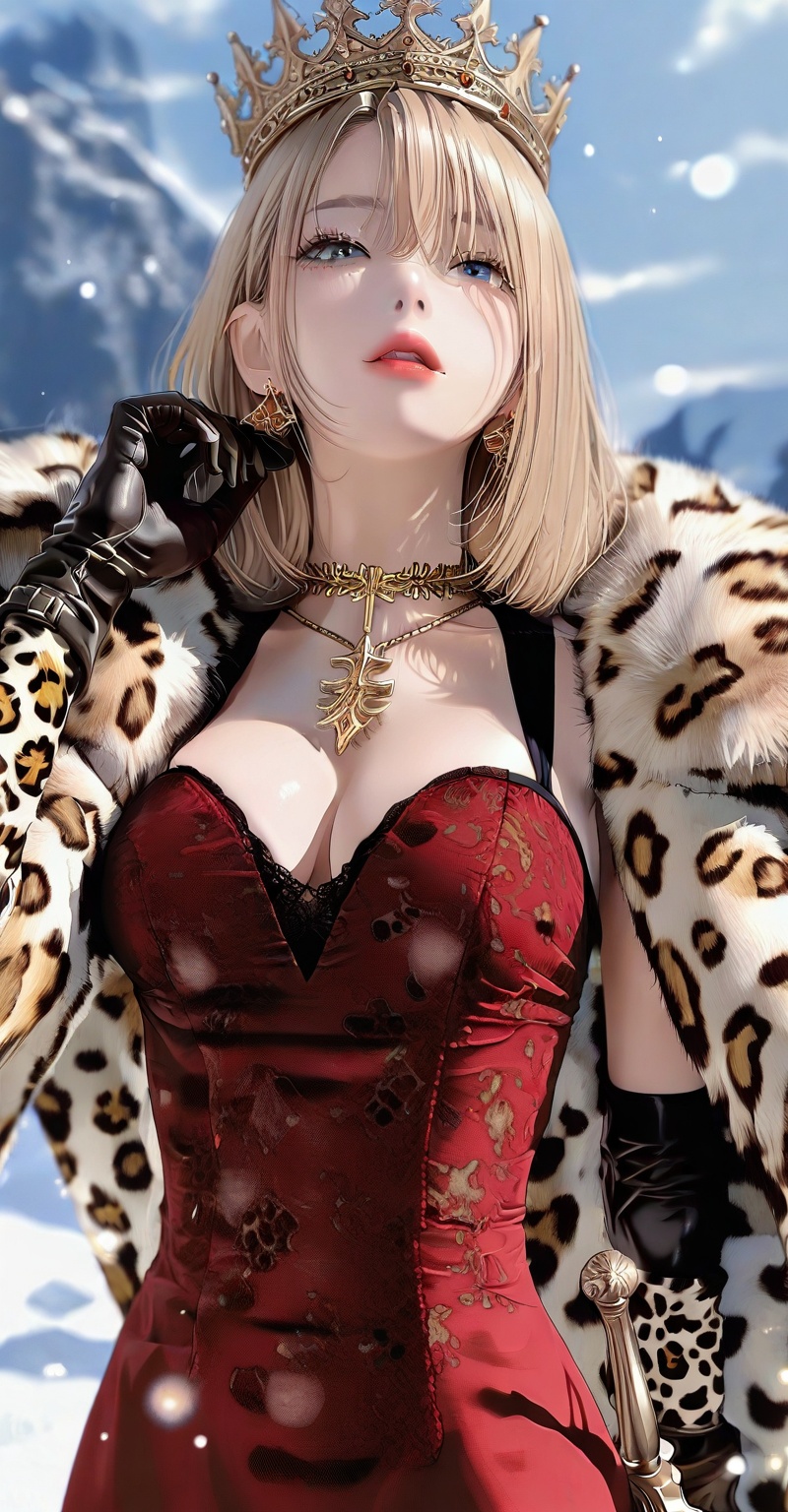 1girl solo breasts blue eyes blonde hair gloves dress holding cleavage jewelry medium breasts weapon earrings parted lips...
