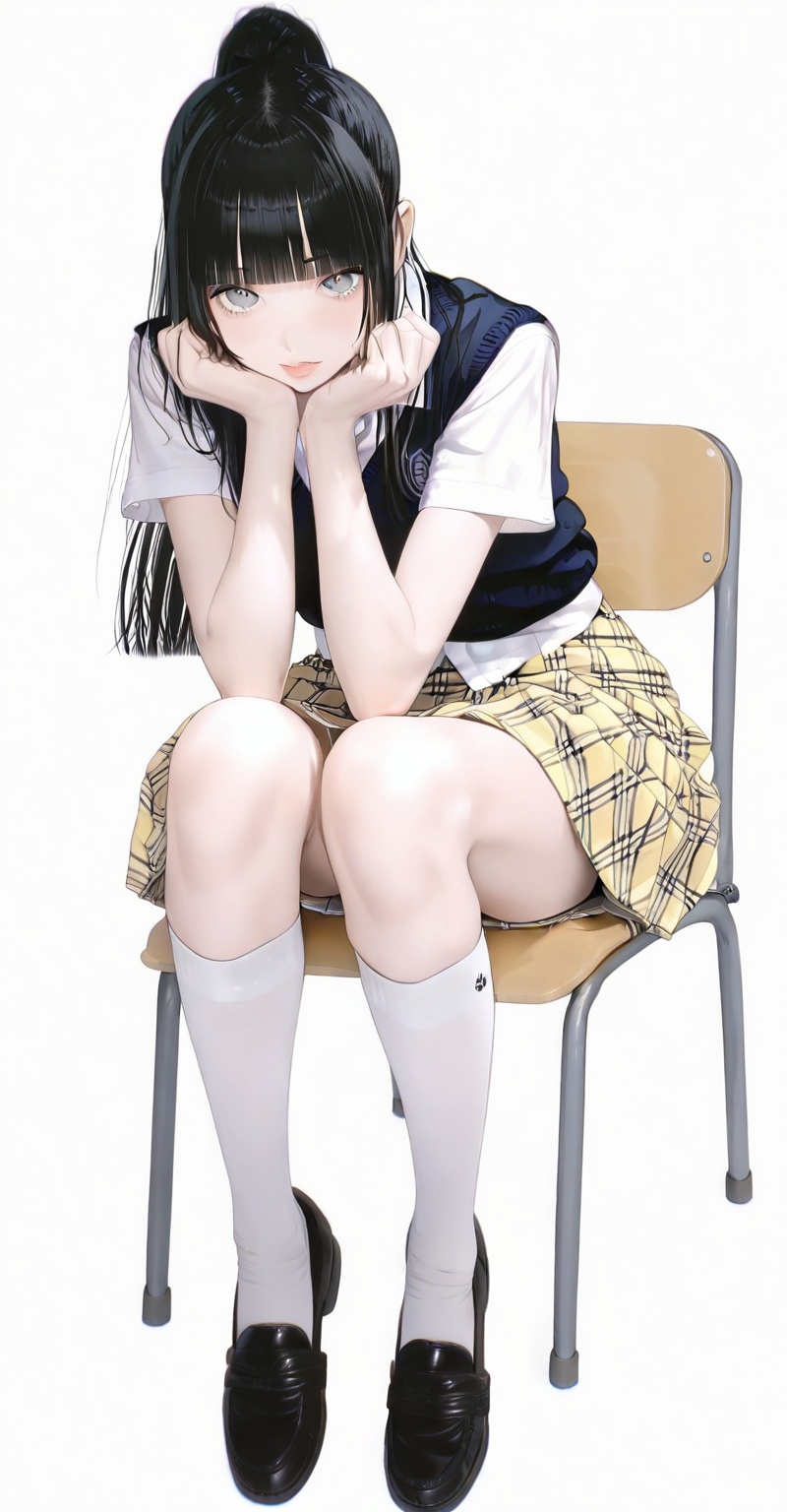 1girl solo long hair looking at viewer bangs skirt simple background shirt black hair white background sitting school unif...