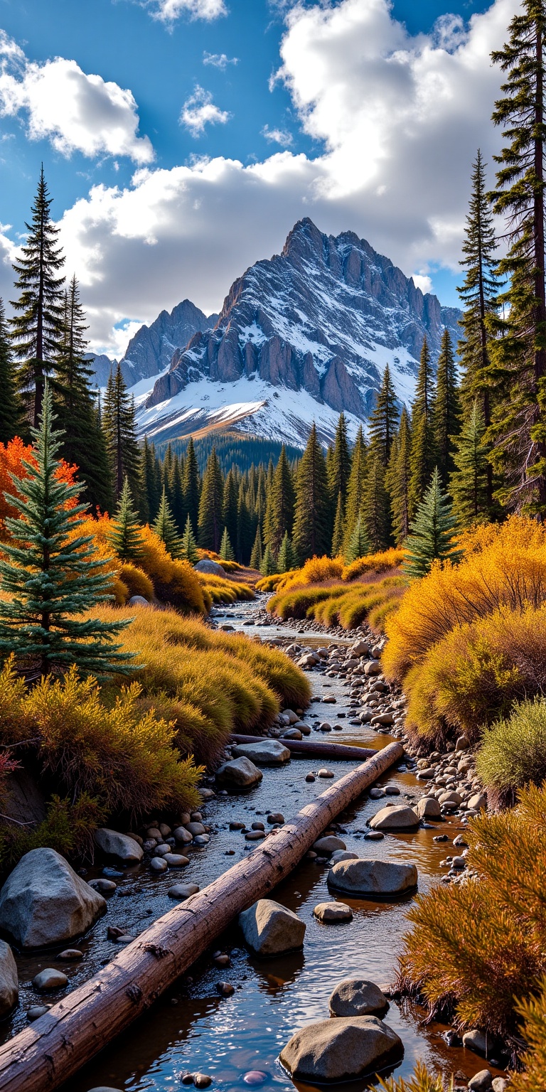 This photograph captures a stunning canyon landscape during autumn. Dominating the background is a jagged,  snow-capped mo...