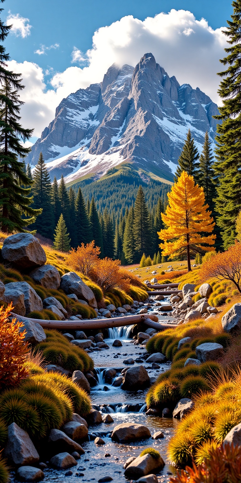 This photograph captures a stunning mountain landscape during autumn. Dominating the background is a jagged,  snow-capped...