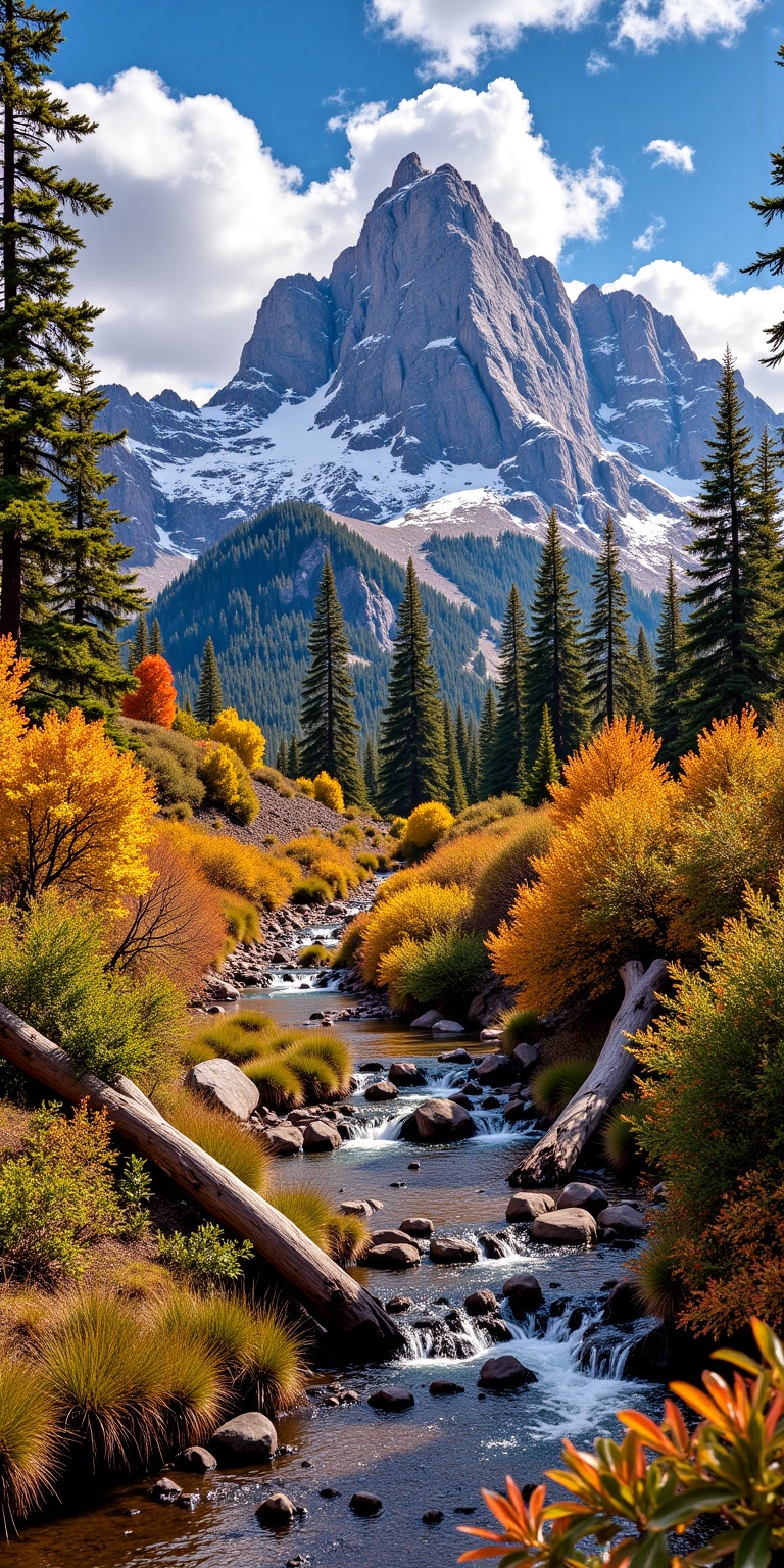 This photograph captures a stunning canyon landscape during autumn. Dominating the background is a jagged,  snow-capped mo...