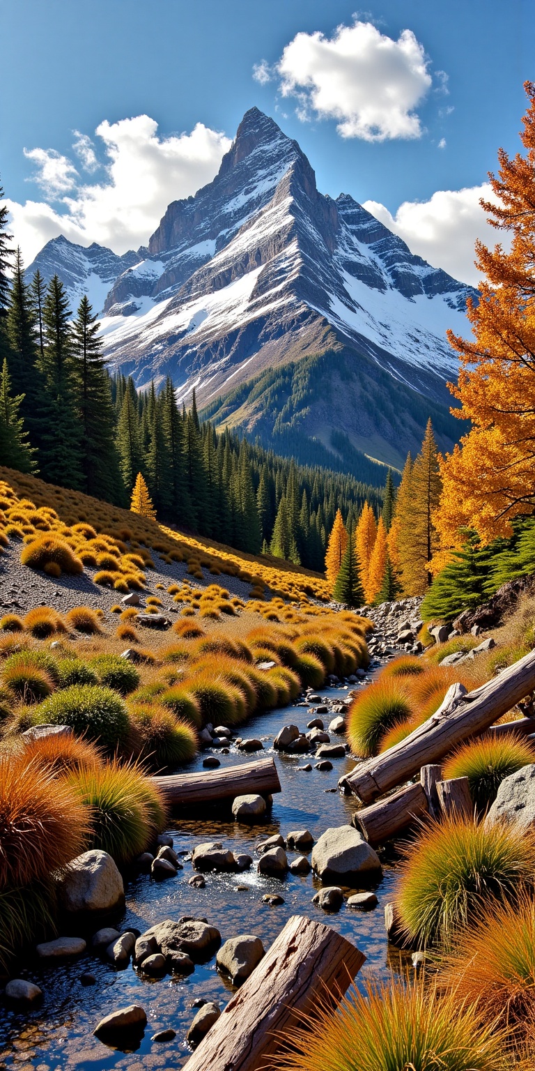 This photograph captures a stunning mountain landscape during autumn. Dominating the background is a jagged,  snow-capped...