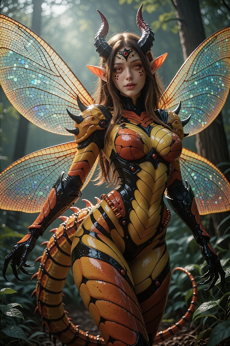 Wasp Girl with a vibrant and energetic style. Depict her with a sleek,  insectoid tail and delicate,  shimmering wings. on...