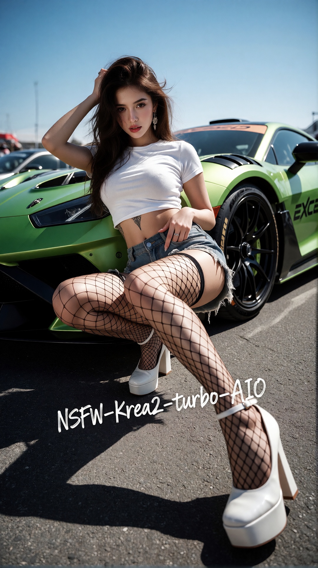 一位年轻女性以低角度姿态蹲坐在一辆亮绿色高性能跑车前,  她身穿白色短款T恤和破洞牛仔短裤,  搭配黑色渔网丝袜与白色厚底高跟鞋 on Tensor.Art