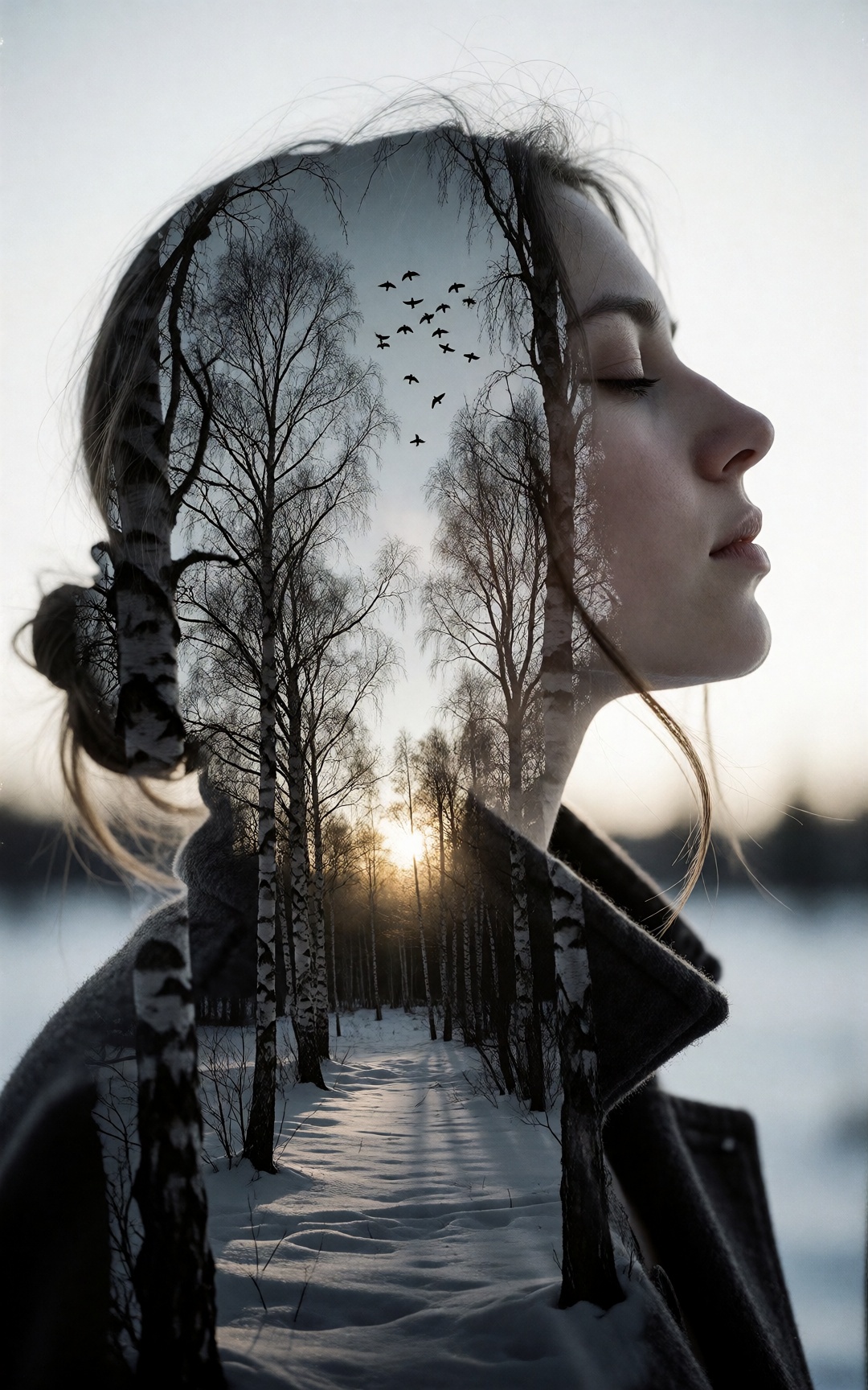 Analog double-exposure photograph captures a young contemplative woman merged with a winter birch forest in a single frame...