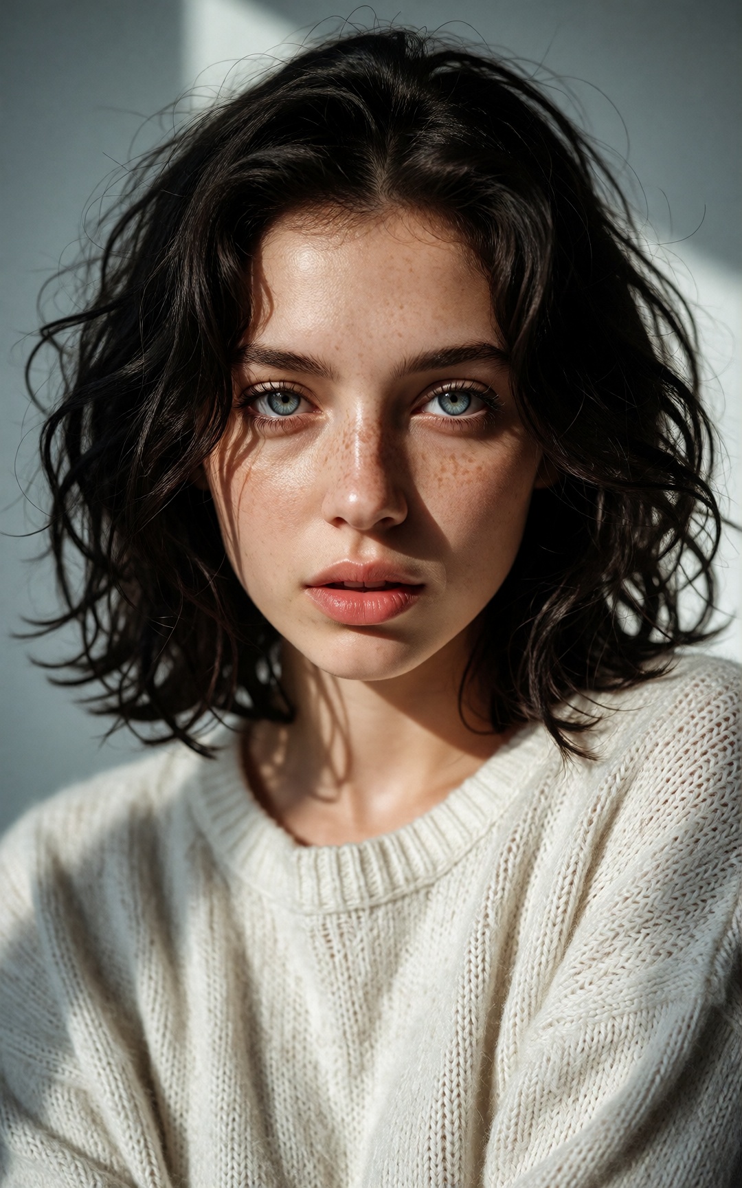 Bradhamel art style. A close-up portrait of a young woman with dark,  wavy shoulder-length hair,  freckles across her nose...