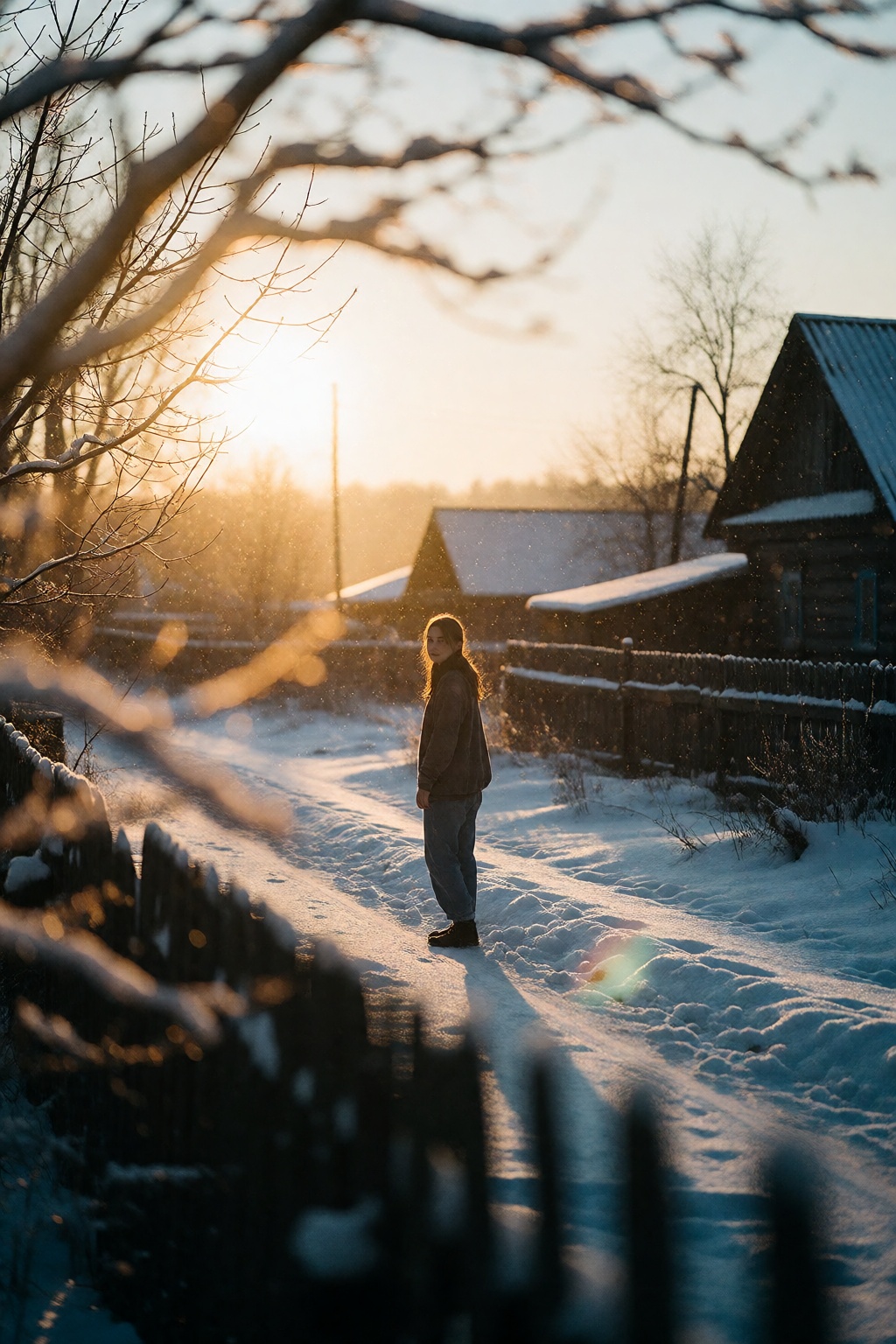 Cinematic,  photorealistic photograph of a rural winter landscape at sunset. A soft vignette frames the scene. In the blur...