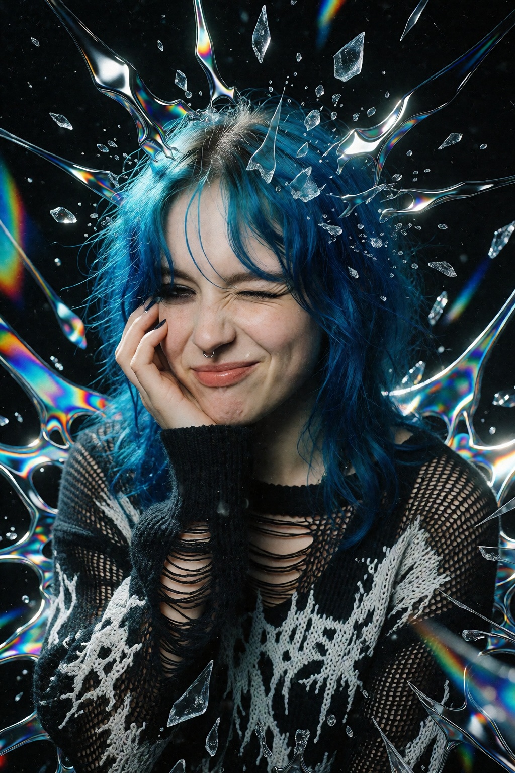 A gritty,  1990s grunge rock portrait features a young woman with messy,  electric-blue hair winking playfully with a sly...