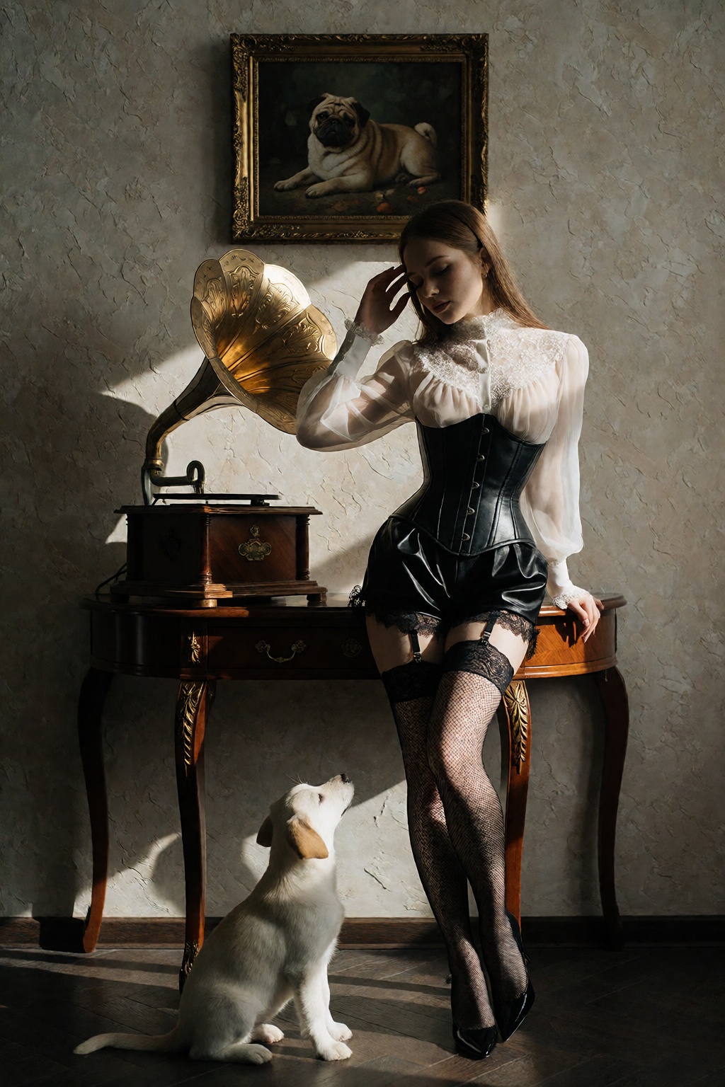 A woman in a vintage-inspired outfit â featuring a sheer white blouse with lace detailing,  a black leather corset,  bla...