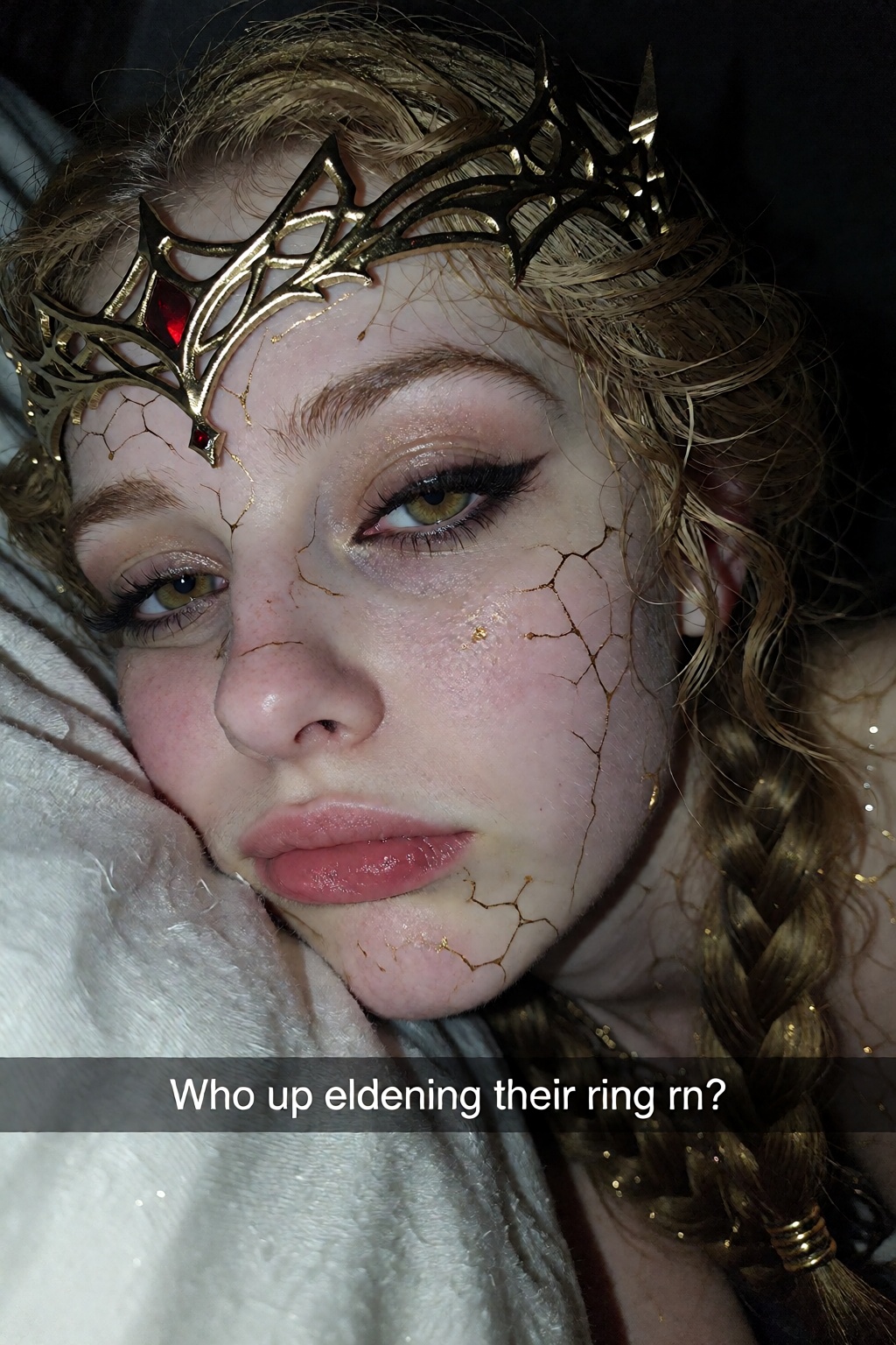 A candid ******* unflattering close-up shot of a regal pale-skinned golden-haired queen from Elden Ring laying on her side...