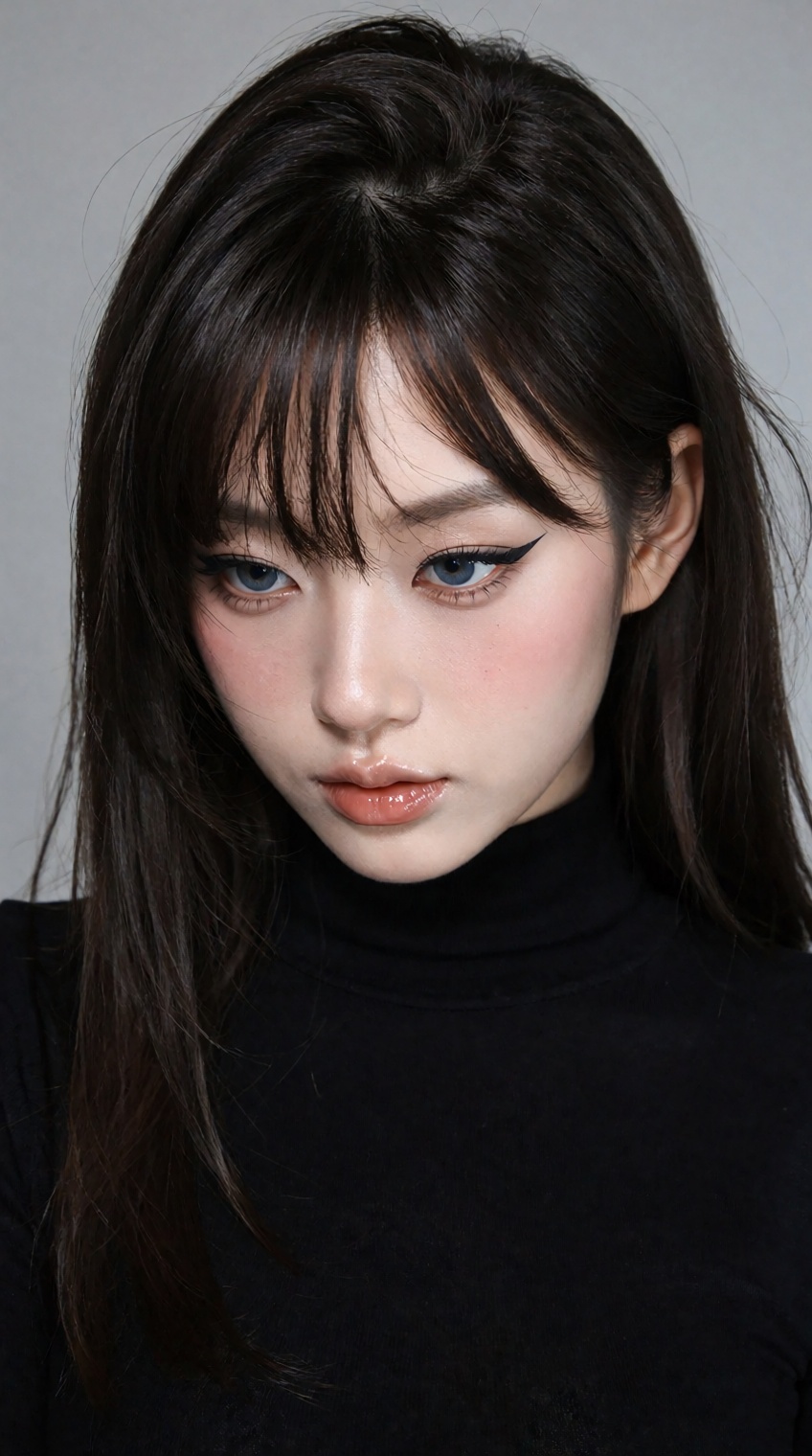 A young Asian woman with long,  straight dark brown hair and full bangs gazes downward,  her face softly illuminated again...