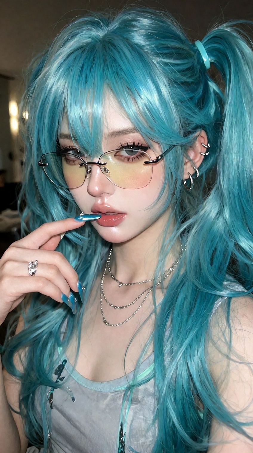 Hatsune Miku,  depicted with her long,  flowing vibrant turquoise hair styled in her iconic twin pigtails with straight ba...