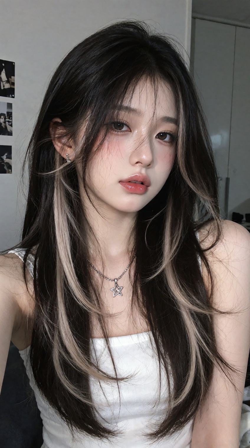 A young woman with long,  dark hair featuring soft blonde highlights gazes directly at the viewer,  her face partially fra...