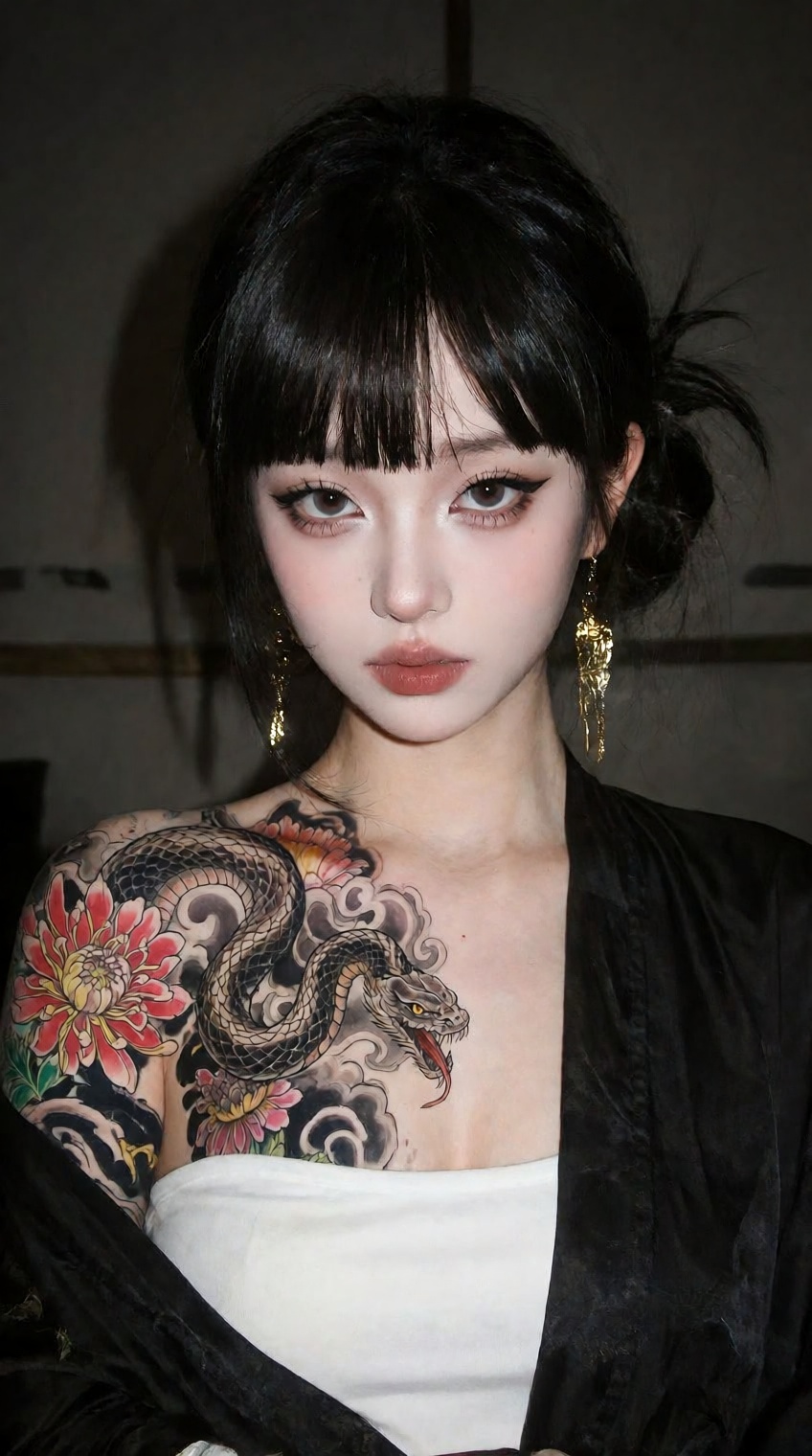 A young woman with straight black hair styled in bangs and a low ponytail gazes directly at the viewer,  her pale skin con...