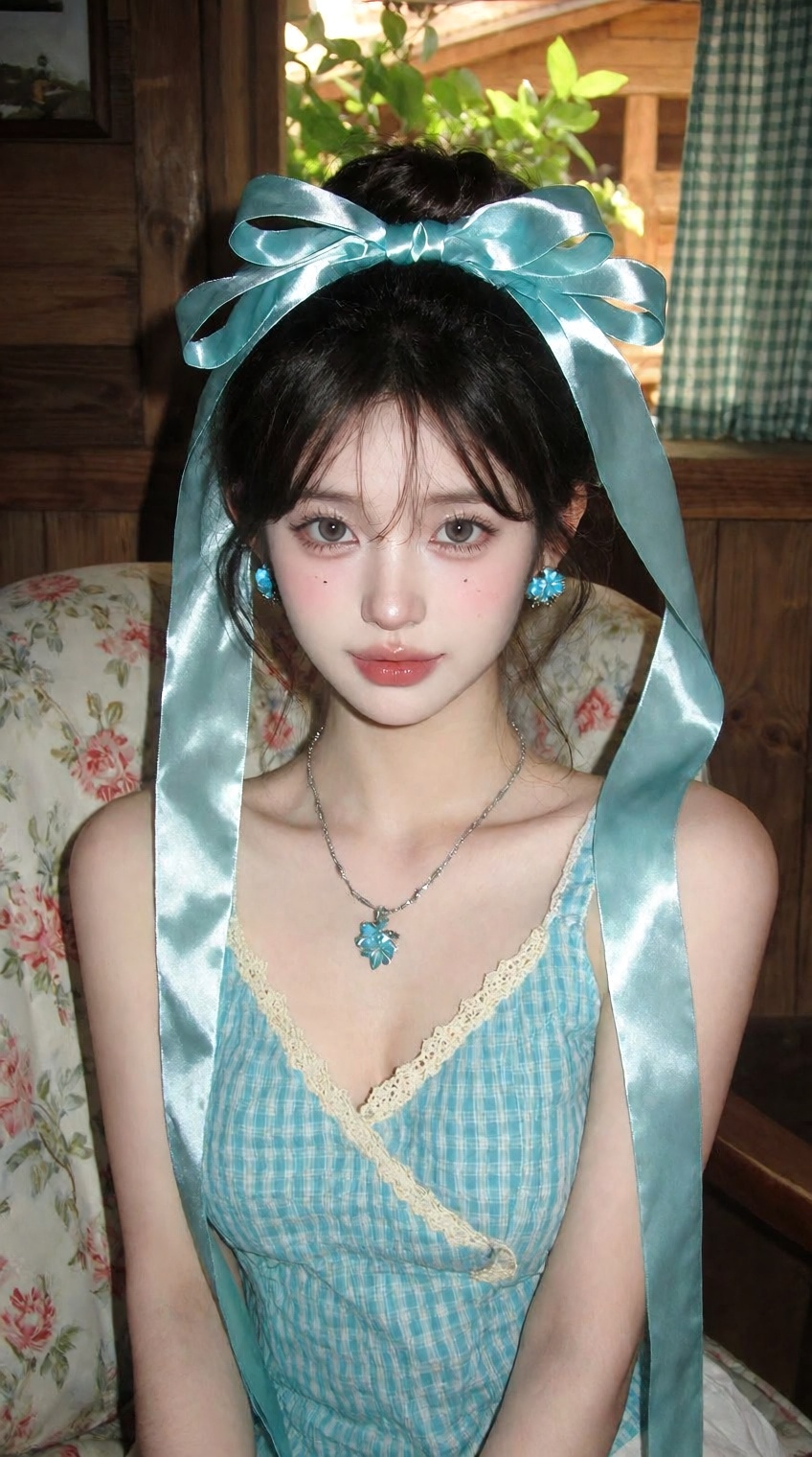 A young woman with dark hair styled in a high bun sits facing the camera,  adorned with a large,  glossy turquoise satin b...