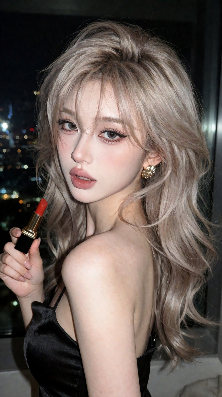 A glamorous close-up of a beautiful Asian woman with voluminous,  fluffy,  ash-blonde layered hair and wispy bangs. She is...
