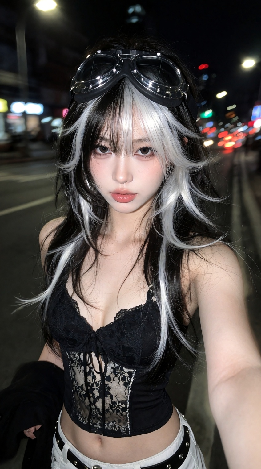 dynamic night selfie of a cool Asian young woman on a city street. She has distinctive two-tone hair: long black layers wi...