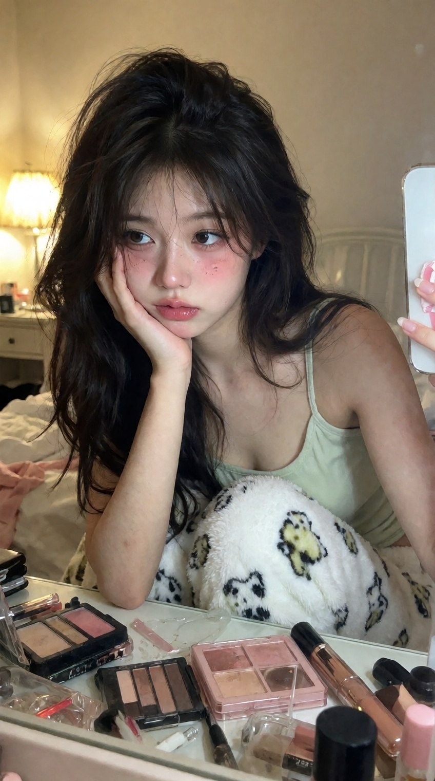 A candid,  medium-shot mirror selfie taken in a bedroom setting with warm,  cozy lighting. A young Asian woman with long o...