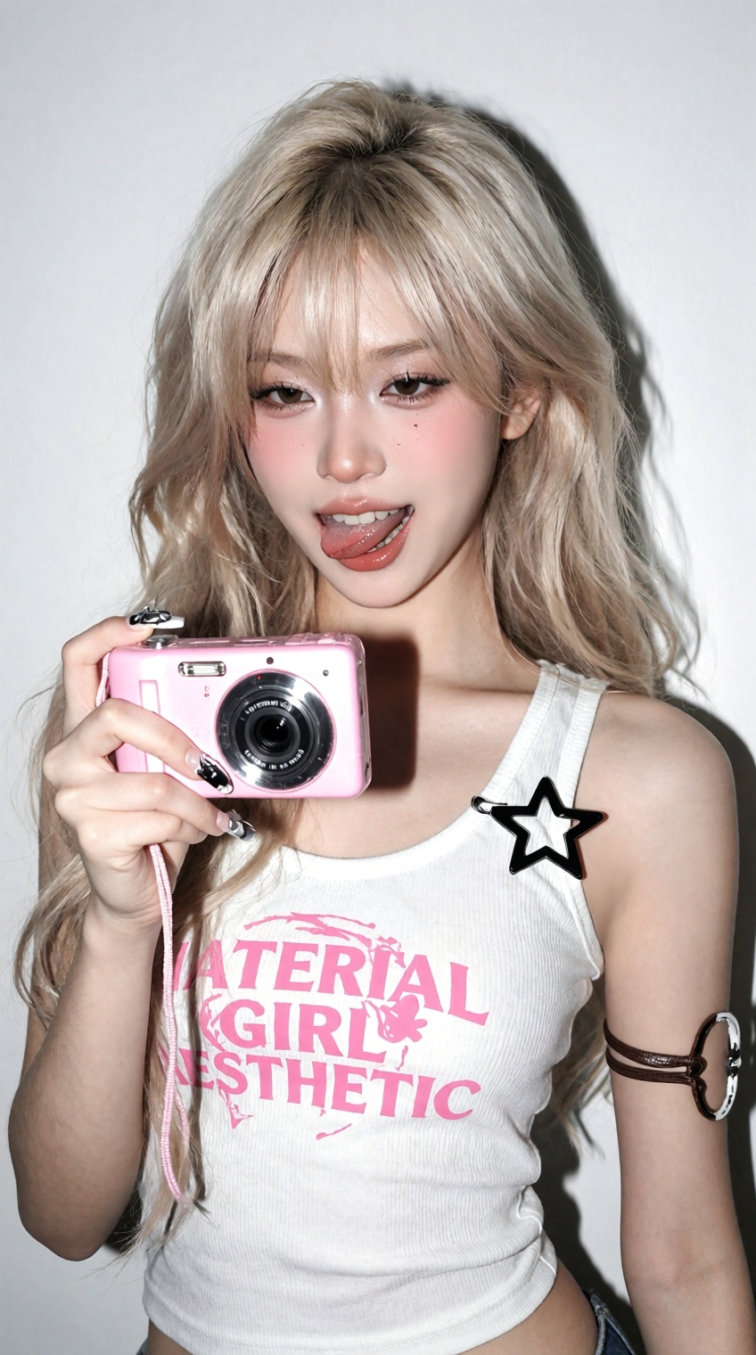 studio medium shot of a playful Asian girl with long,  wavy platinum blonde hair and bangs. She is holding a pink vintage...