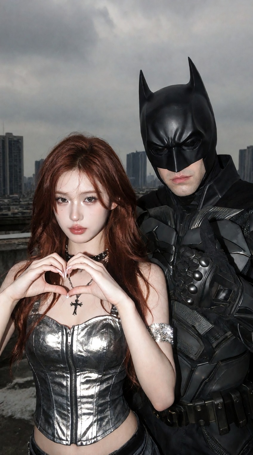 A half-body medium portrait capturing a young woman and Batman standing shoulder-to-shoulder on a concrete rooftop under a...