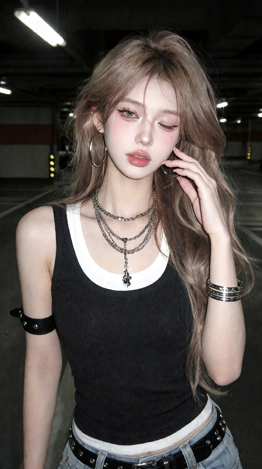 A young woman with long,  wavy light-brown hair stands in a dimly lit underground parking garage,  illuminated by overhead...
