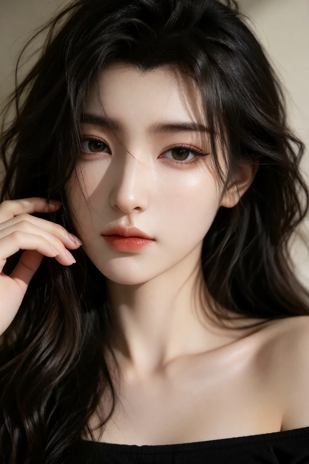 the image features a close-up portrait of a person with long,  dark,  wavy hair that gently frames the face by 让AI更感性 on T...