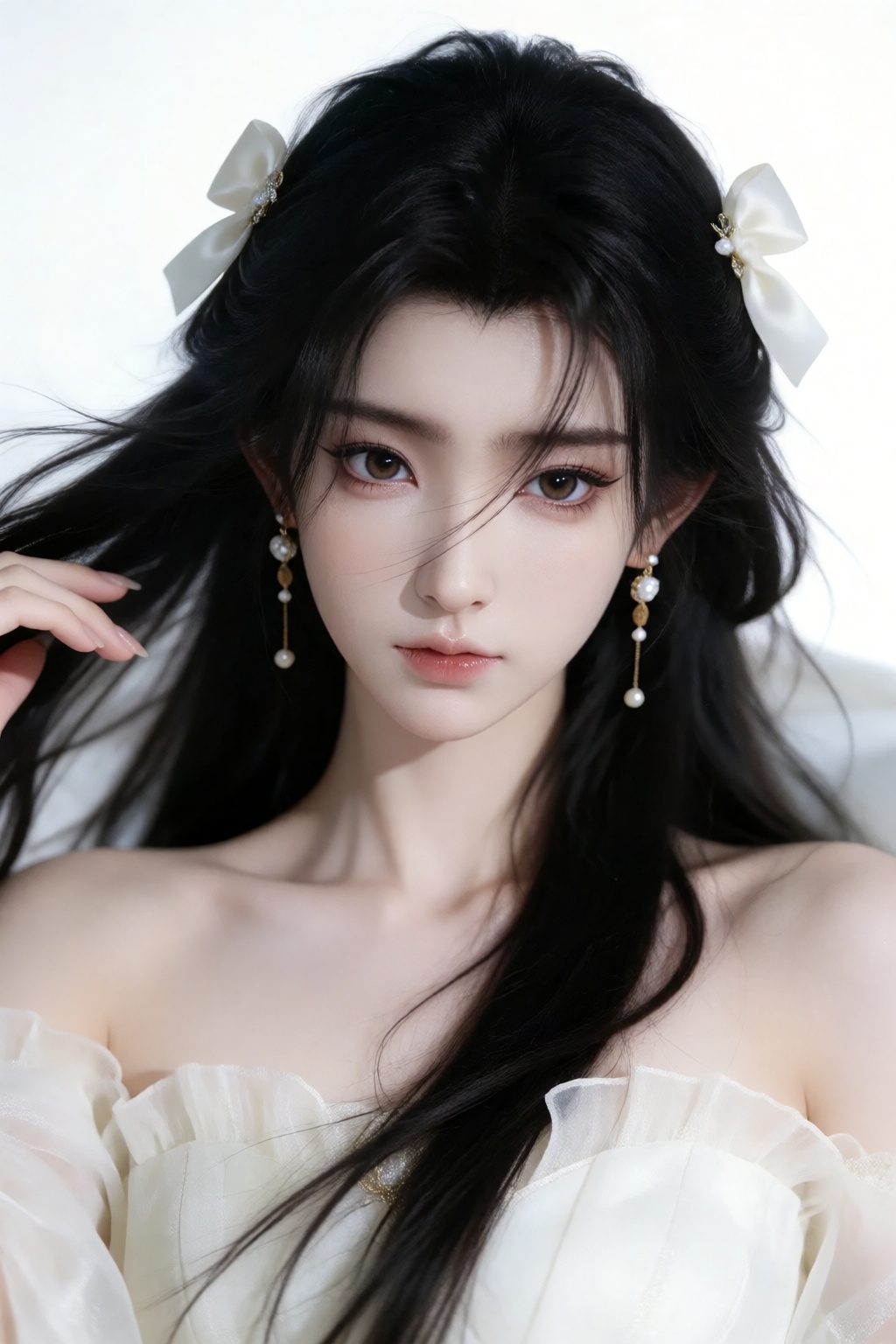 the image features a close-up portrait of a woman with long,  flowing black hair adorned with delicate white bows on eithe...