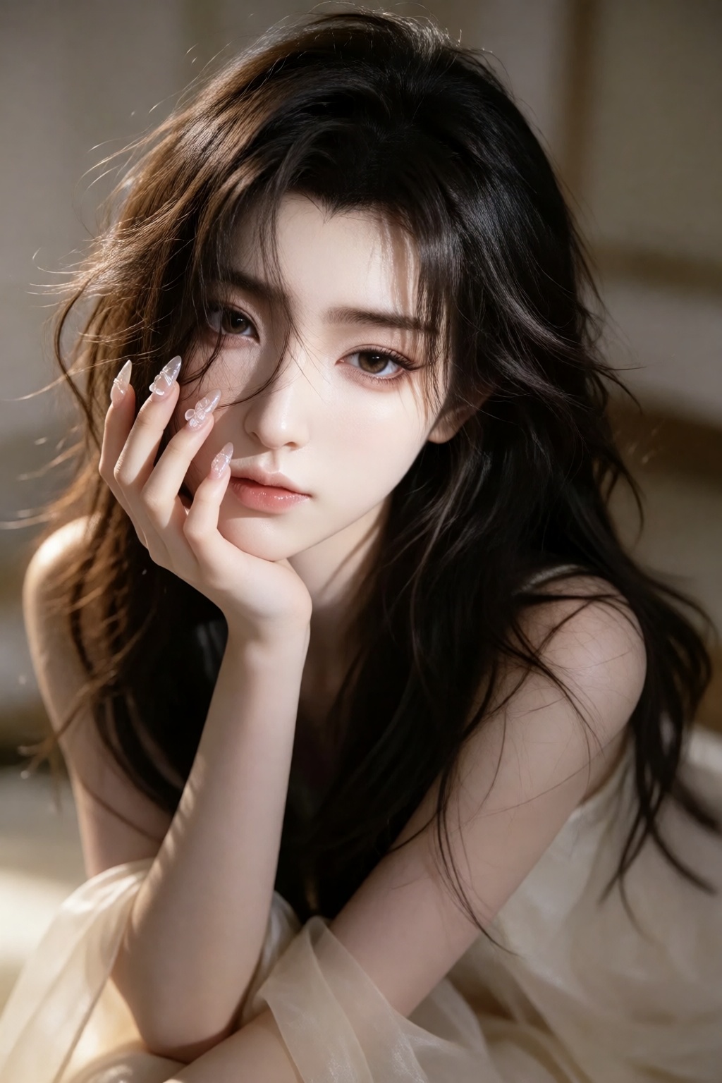 the image portrays a serene and ethereal portrait of a woman with long,  flowing dark hair that cascades softly around her...