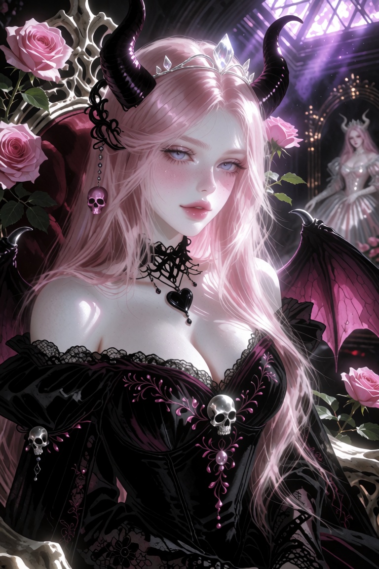F4NT4S14STYL3,  a portrait of a beautiful succubus captured in an intimate waist-up medium close-up. She sits upon a thron...