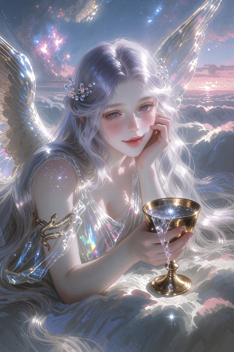 F4NT4S14STYL3,  a portrait of a beautiful angel captured in an intimate waist-up medium close-up,  gazing directly forward...