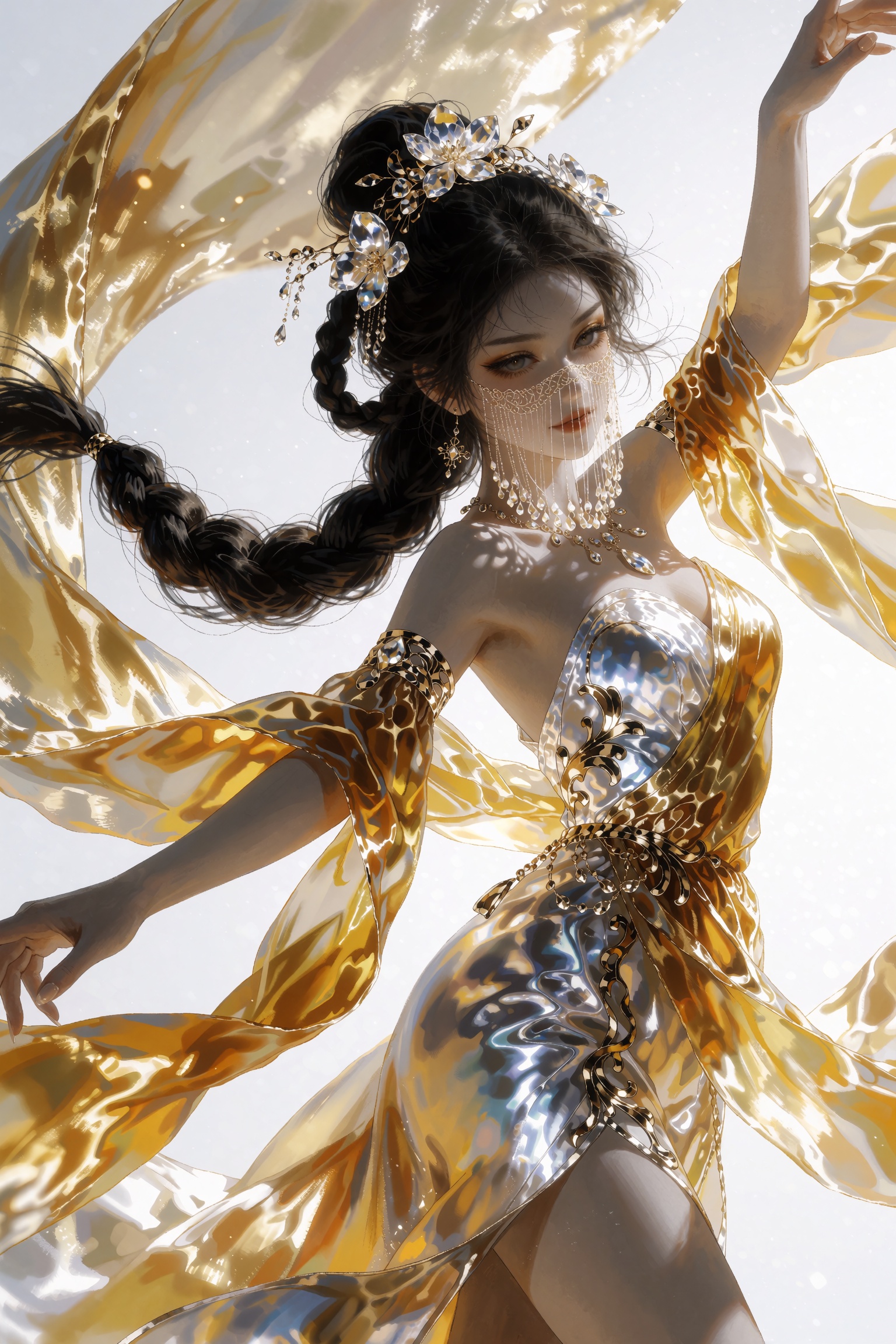 @SR1EXTR,  graceful female dancer in dynamic pose with arms outstretched,  intricate dark braided hair loops on Tensor.Art
