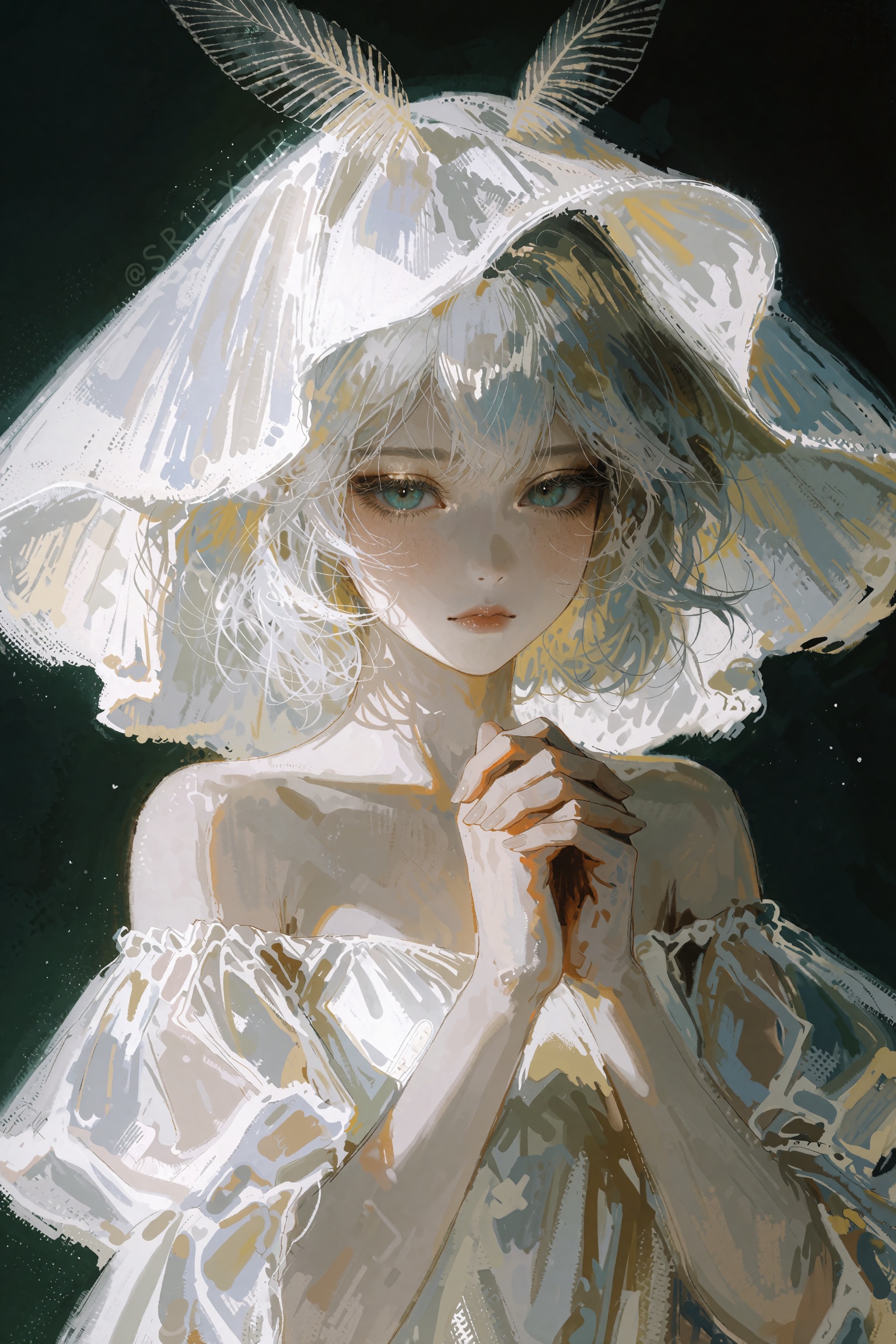 @SR1EXTR,  A painterly portrait of a young woman with teal eyes clasping her hands beneath a massive,  flowing white headd...
