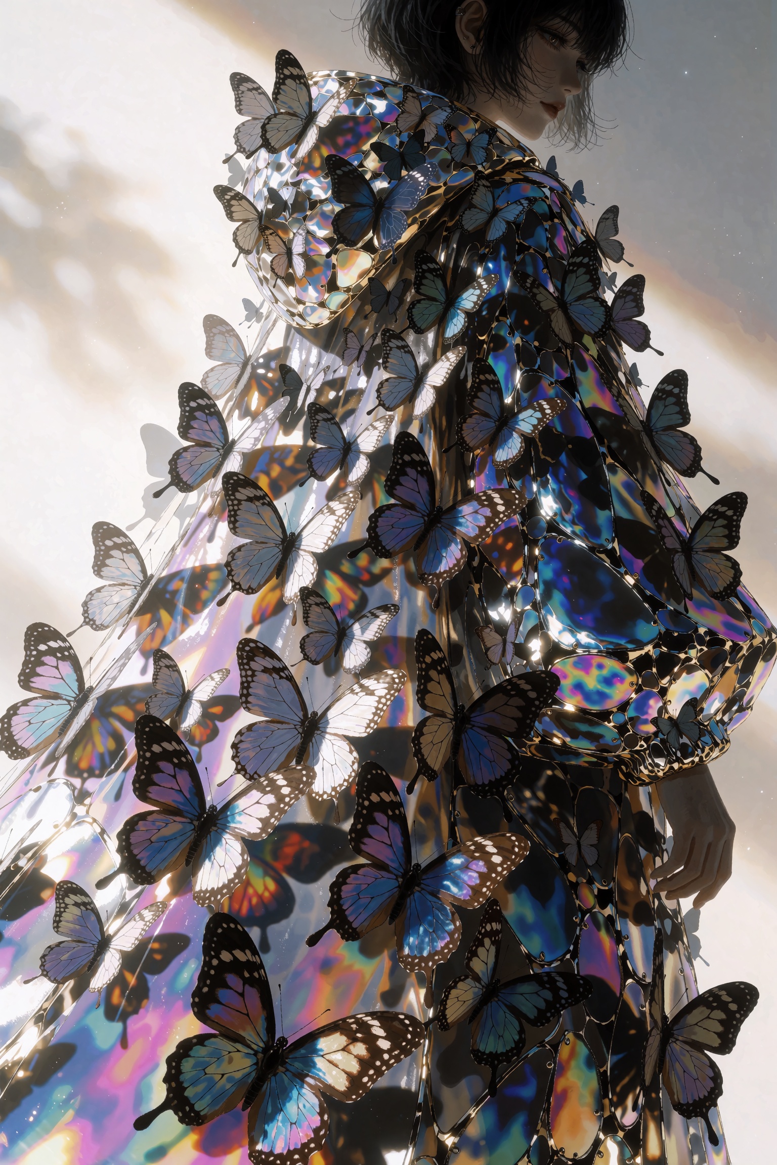 @SR1EXTR,  A medium shot of a figure draped in a flowing cloak made entirely of thousands of shimmering,  iridescent butte...