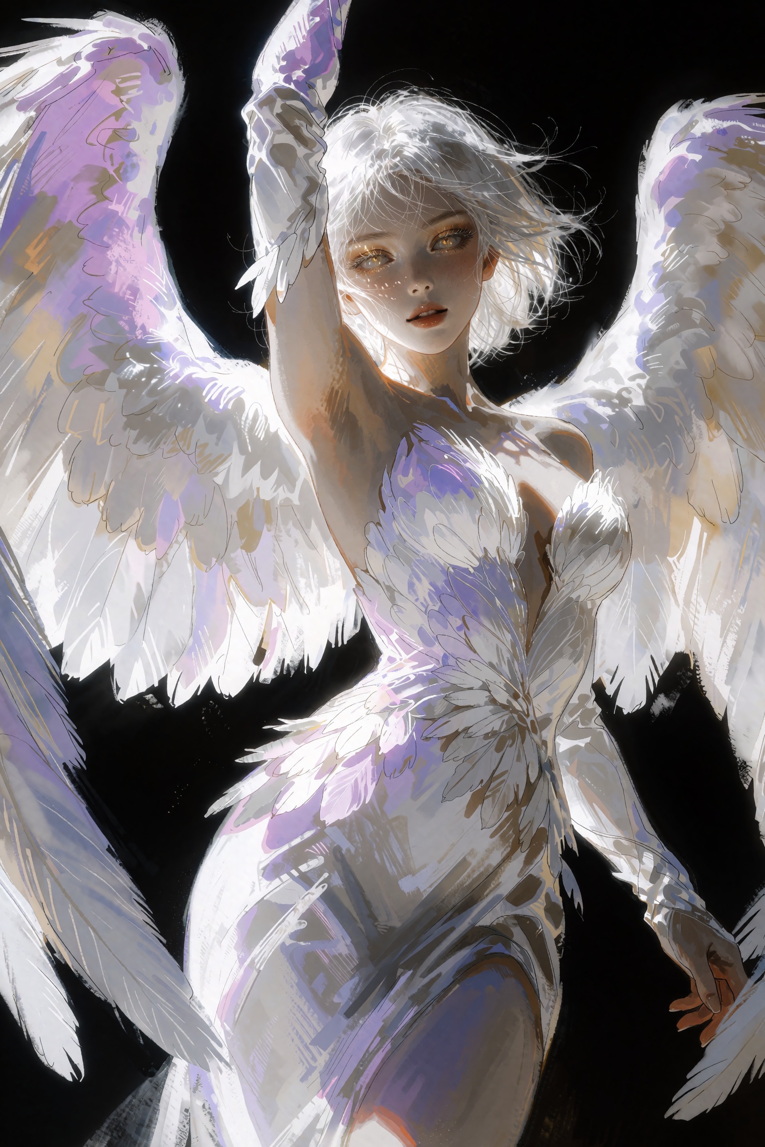 @SR1EXTR,  Ethereal winged female figure against stark black background,  massive white feathered wings framing body on Te...