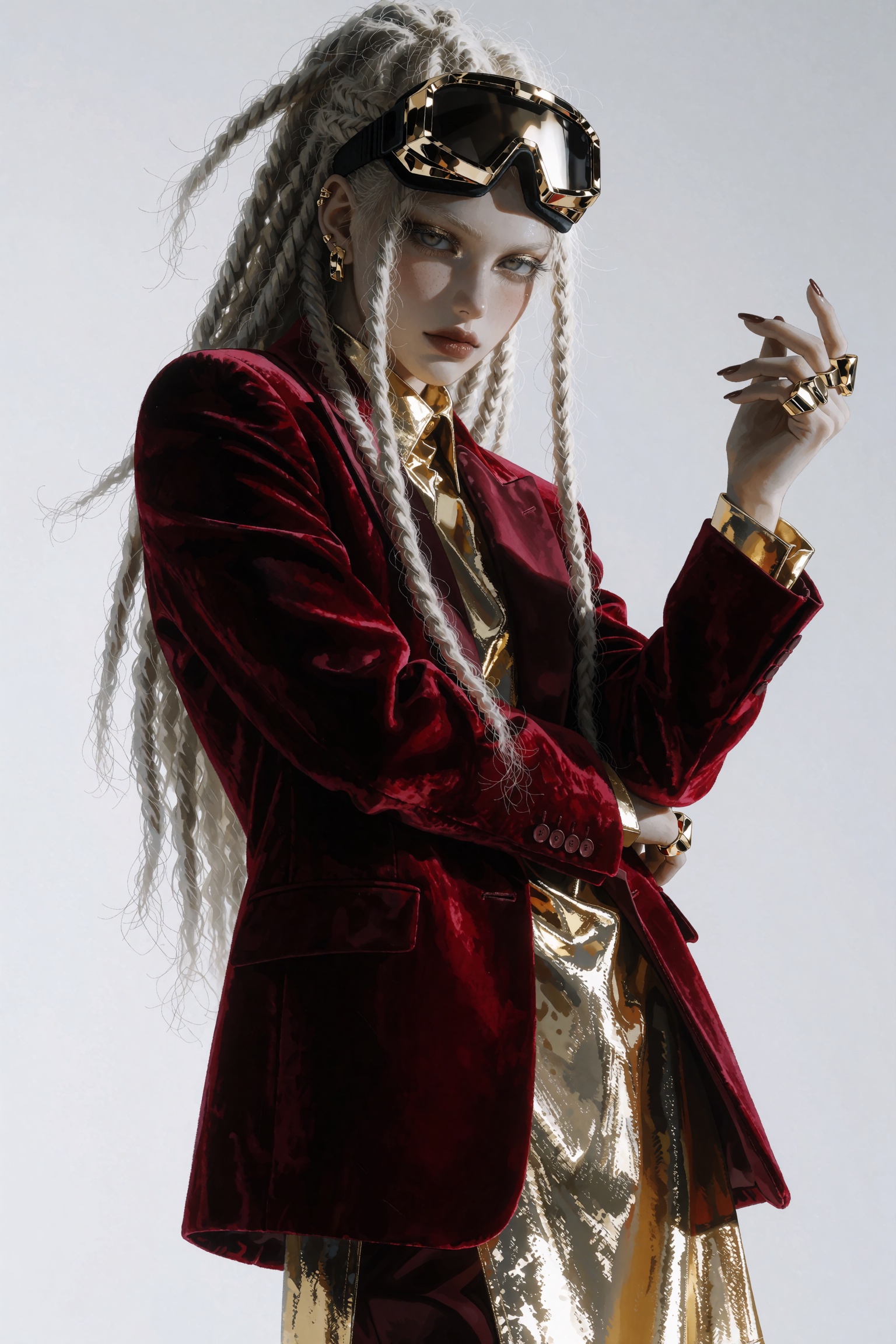 @SR1EXTR,  avant-garde fashion model with long platinum blonde dreadlocks,  looking directly at the viewer with a confiden...