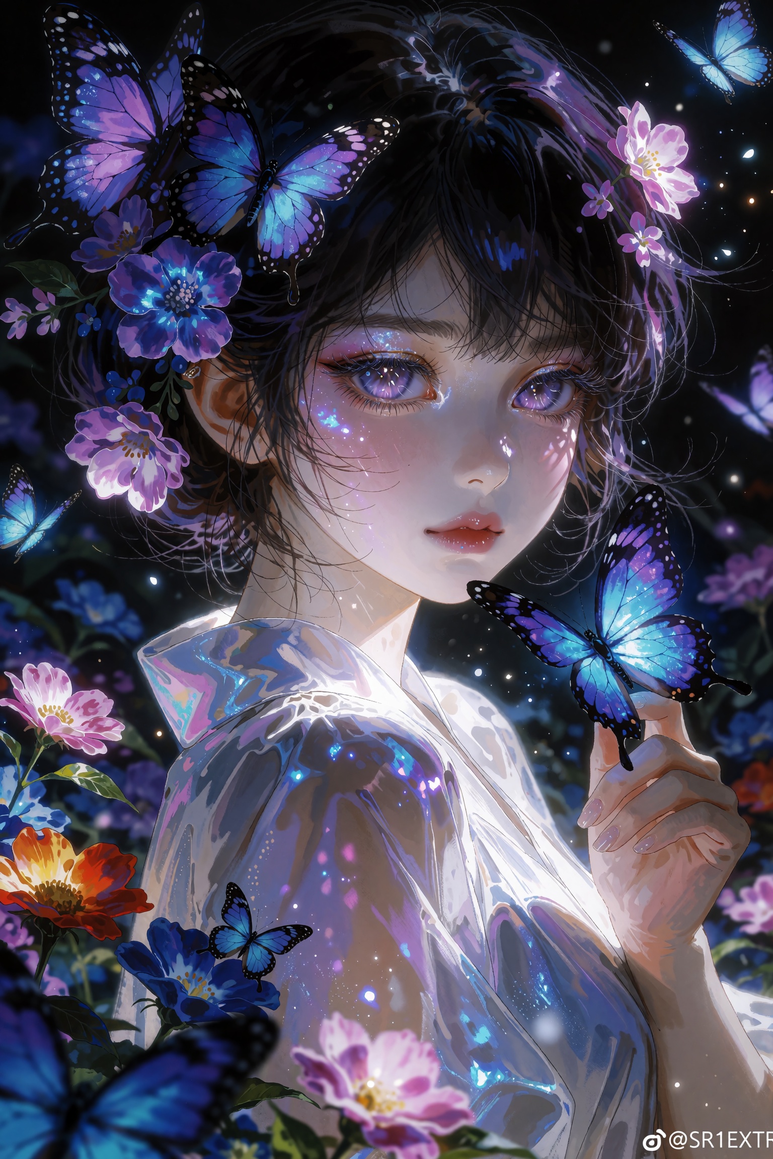 @SR1EXTR,  close-up fantasy painting of a girl with large luminous purple eyes,  gentle melancholic expression on Tensor.Art