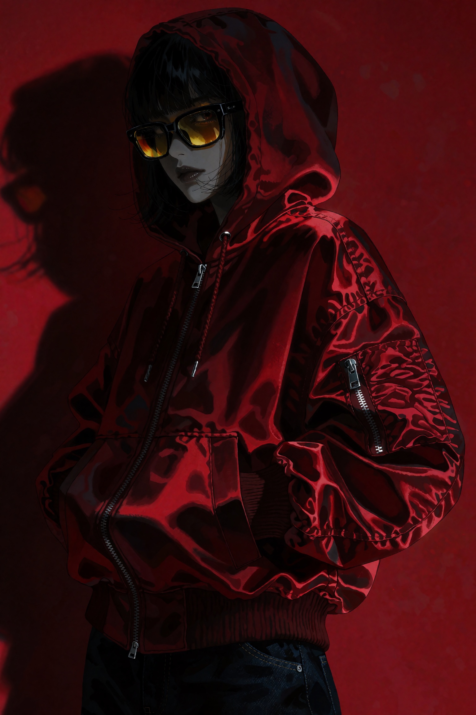 @**1EXTR,  A model poses against a solid crimson backdrop wearing an oversized crimson satin bomber hoodie with the hood p...