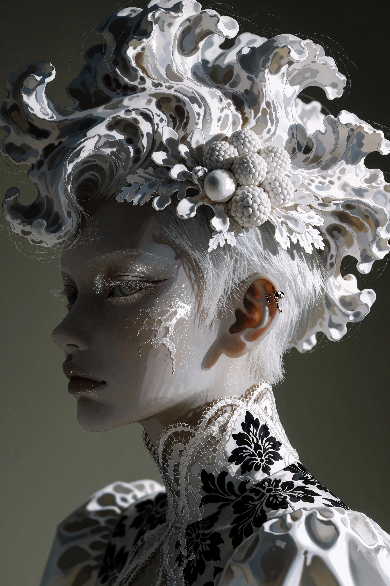 @**1EXTR,  A high-fashion profile portrait of a pale model facing left,  crowned with a massive on Tensor.Art