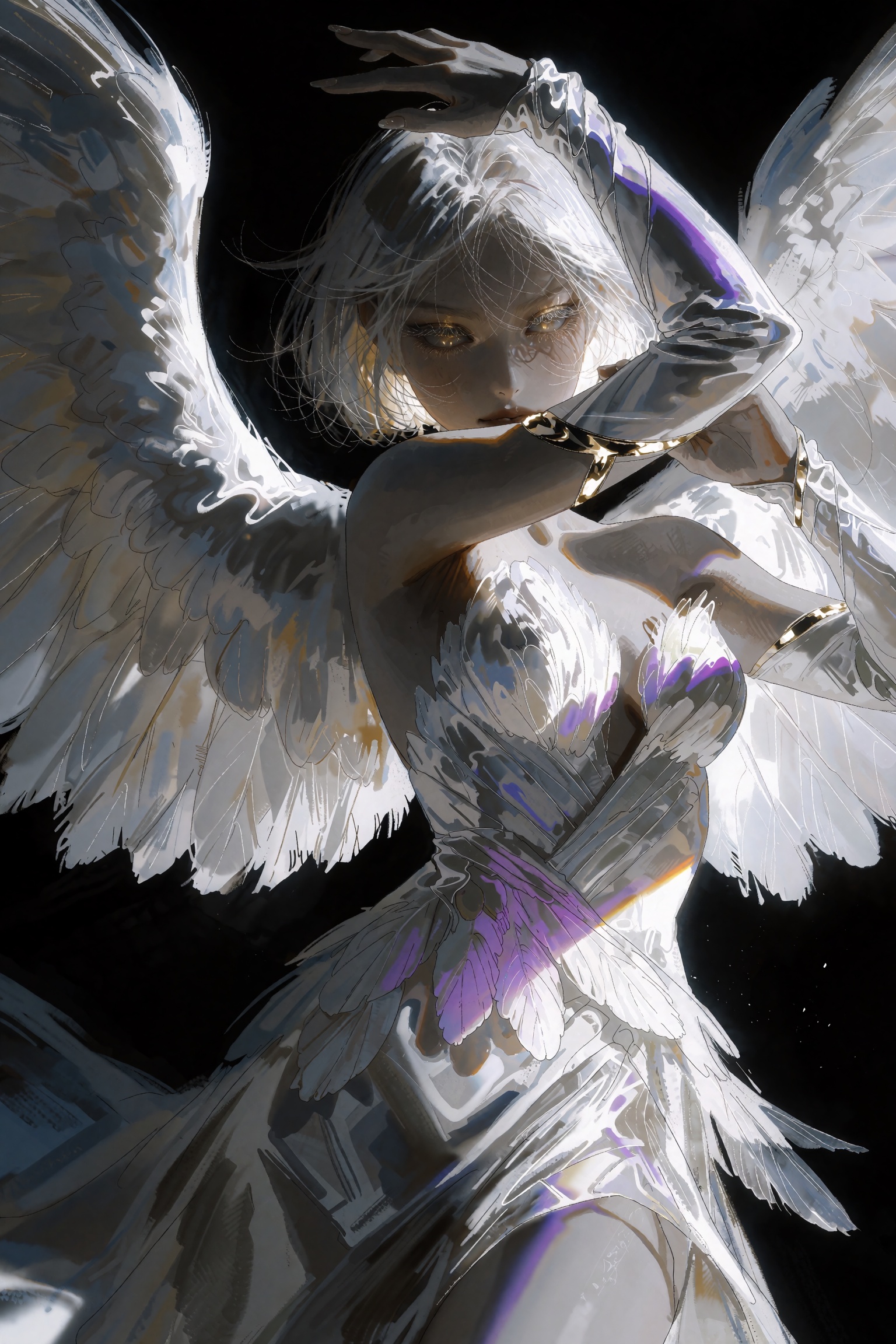 @**1EXTR,  Ethereal winged female figure against stark black background,  massive white feathered wings framing body on Te...