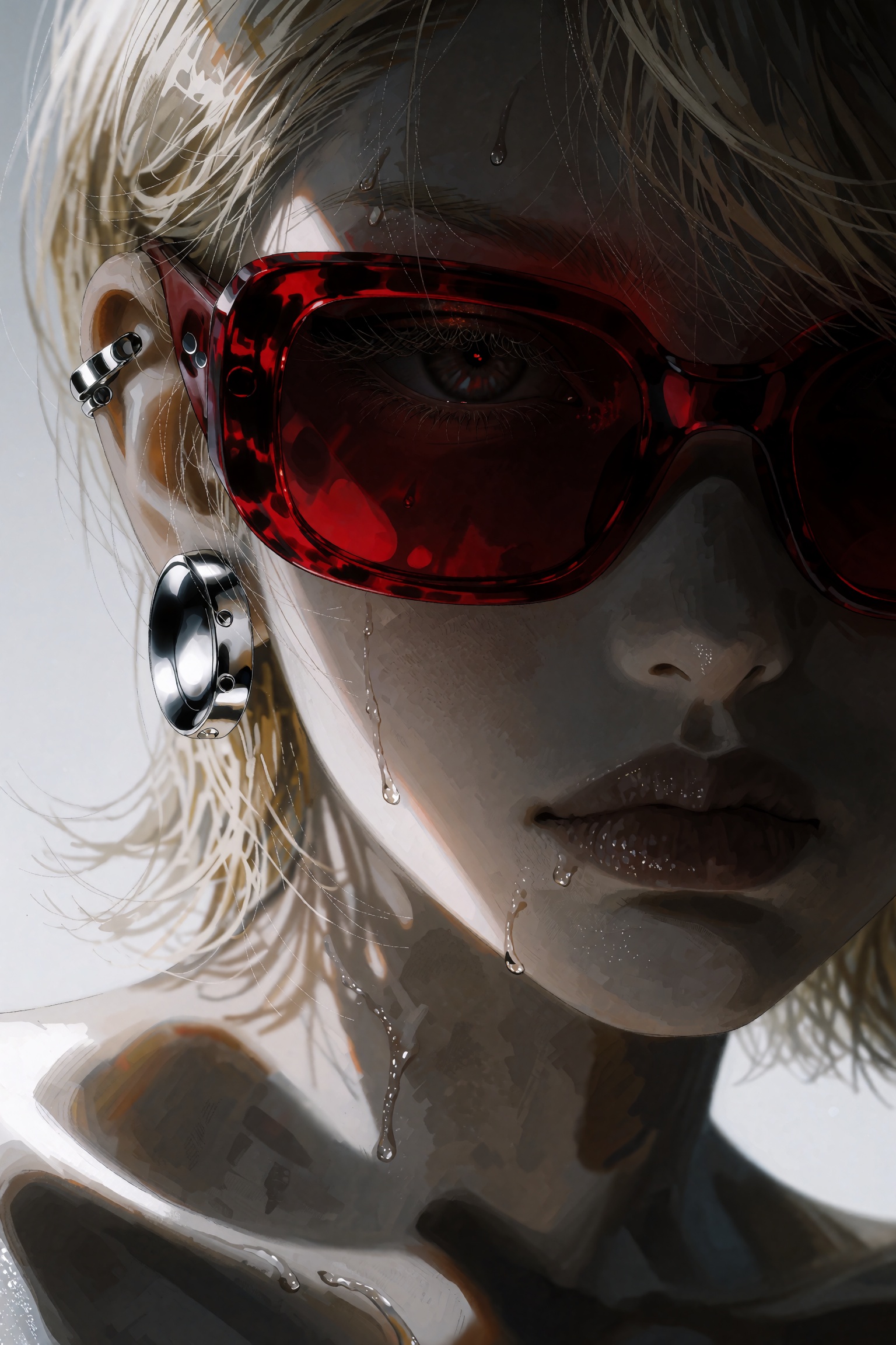 @**1EXTR,  An extreme close-up asymmetrical portrait of a fair-skinned individual with short blonde hair,  wearing oversiz...