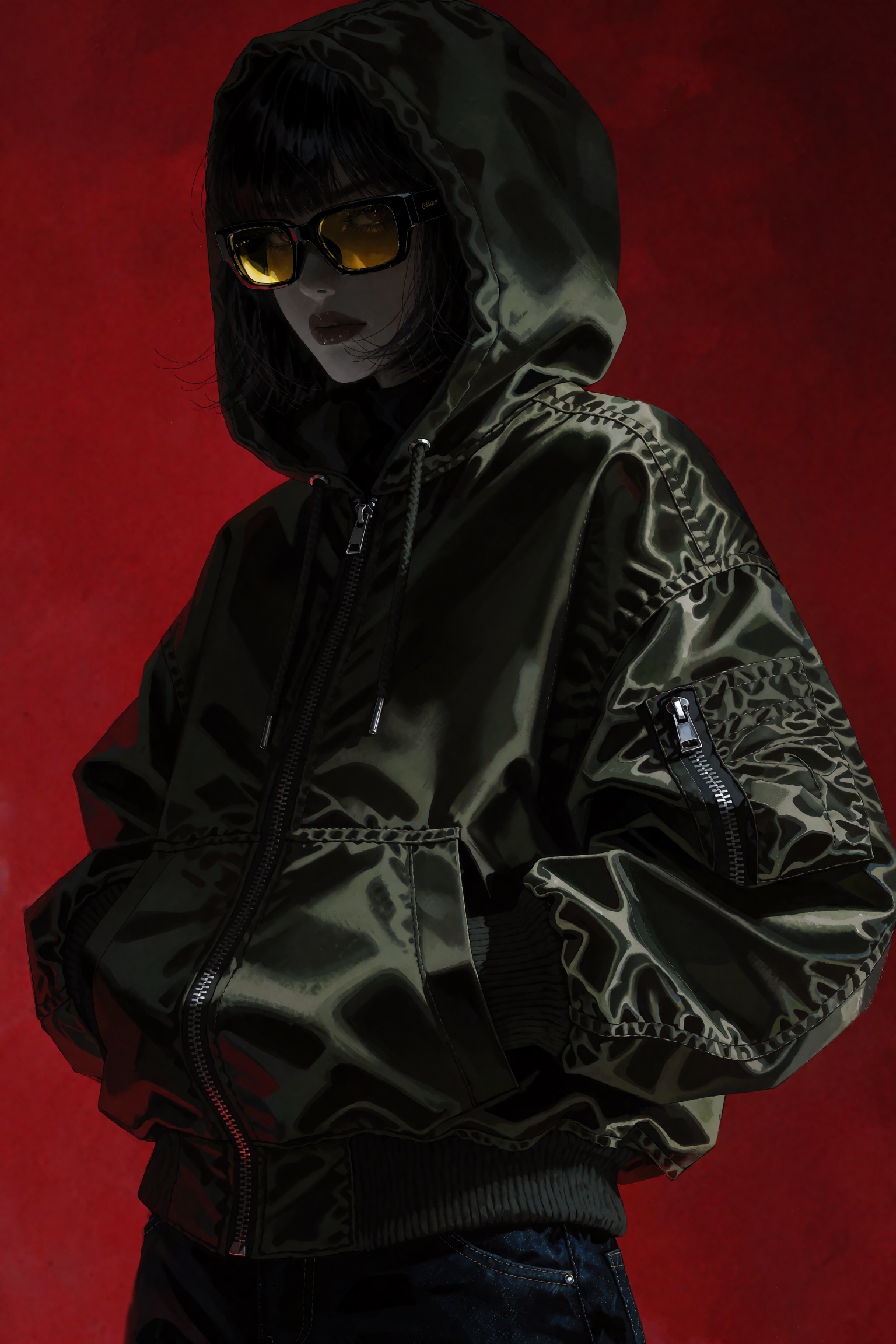 @**1EXTR,  A model poses against a solid crimson backdrop wearing an oversized olive green satin bomber hoodie with the ho...
