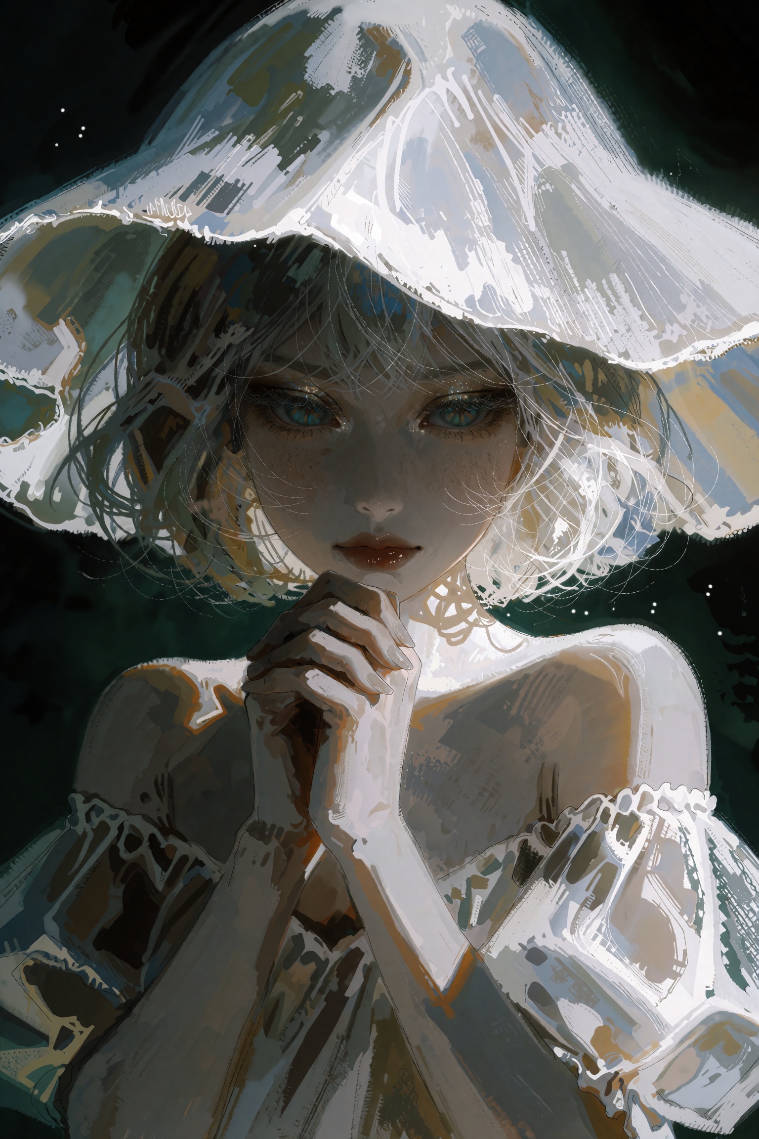 @**1EXTR,  A painterly portrait of a young woman with teal eyes clasping her hands beneath a massive,  flowing white headd...