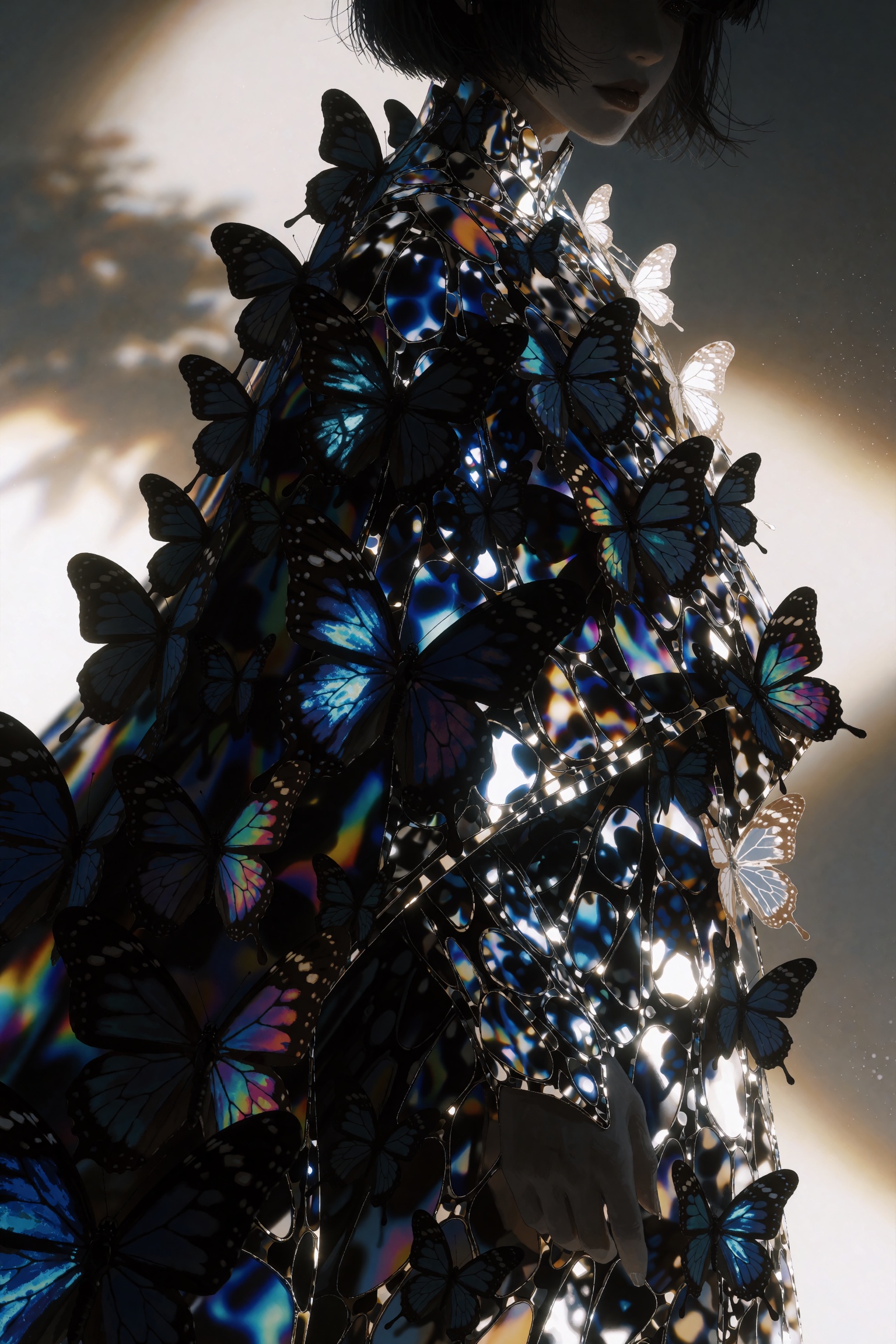 @**1EXTR,  A medium shot of a figure draped in a flowing cloak made entirely of thousands of shimmering,  iridescent butte...