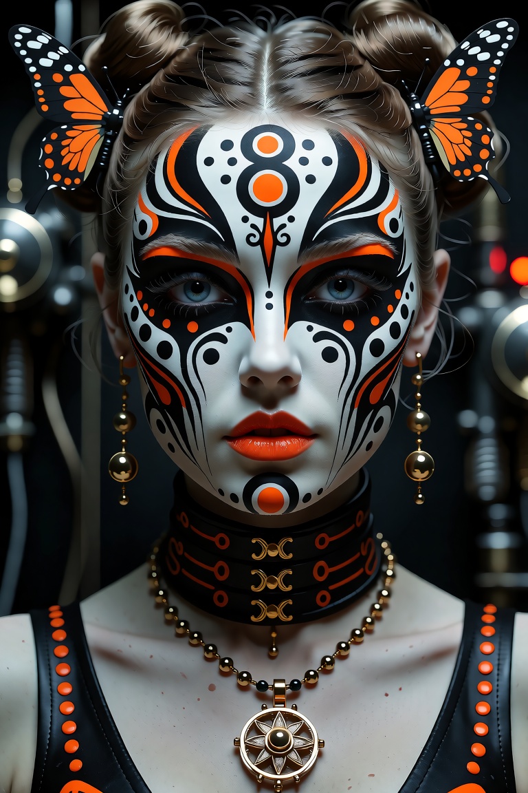 RETROK2 — Close-up portrait of a futuristic woman with intricate black and white patterned face paint accented by vibrant...
