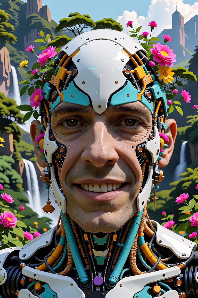Close-up face: glossy decay,  horror,  a man surrounded by trees and flowers in mountain valley on Tensor.Art