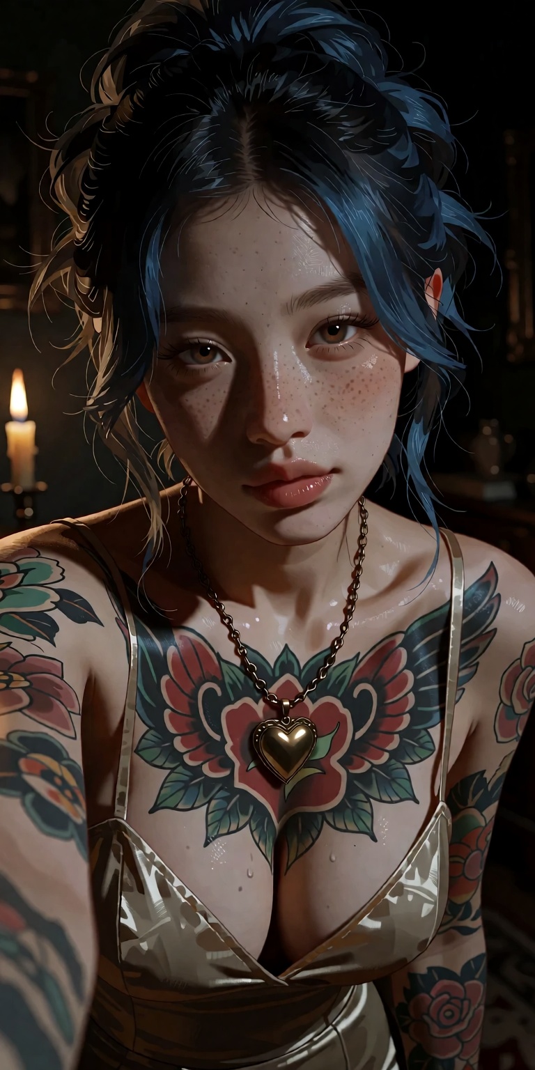 Mahakarya foto potret realistis ala kamera DSLR,  wanita 20-an tahun yang memesona,  rambut kepang acak-acakan warna biru...