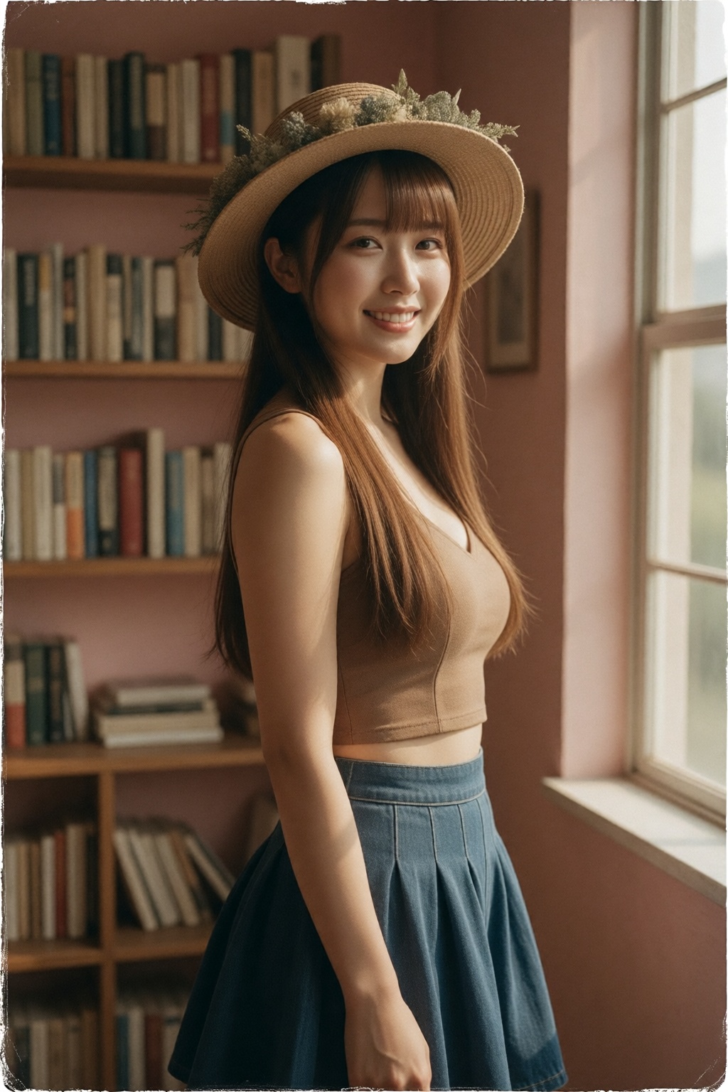 A masterful portrait photograph with the distinct texture of a vintage Polaroid film,  featuring subtle grain and the uniq...